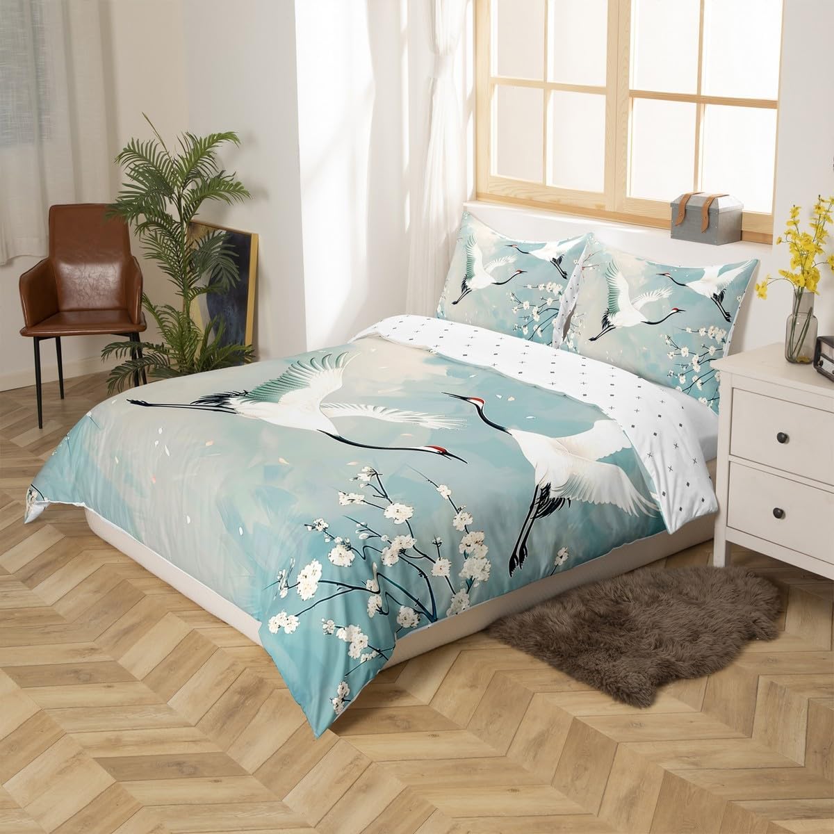 Erosebridal Japanese Crane Duvet Cover Queen for Kids Teens Adults,Cherry Blossom Bedding Set,Watercolor Floral Quilt Cover,Teal Gradient Bed Set with 2 Pillowcases Bedroom Decor