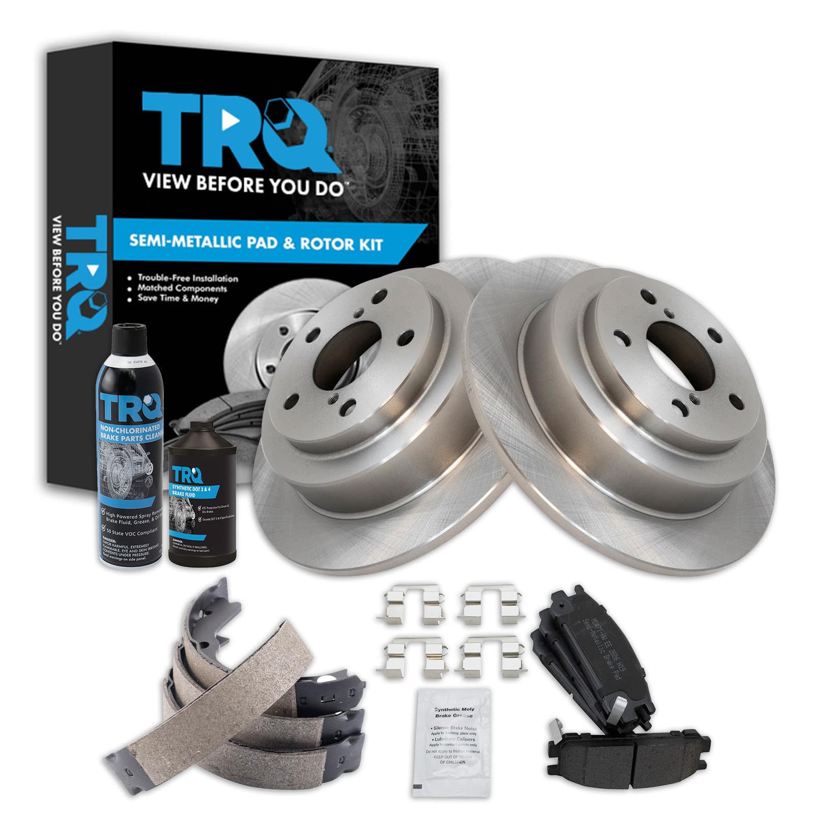 TRQ Rear Brake Pad &amp; Rotor Kit, with Chemical Kit Parking Brake Shoe Set Semi-Metallic Compatible with 1993-1999 Subaru Impreza 1995-1999 Legacy