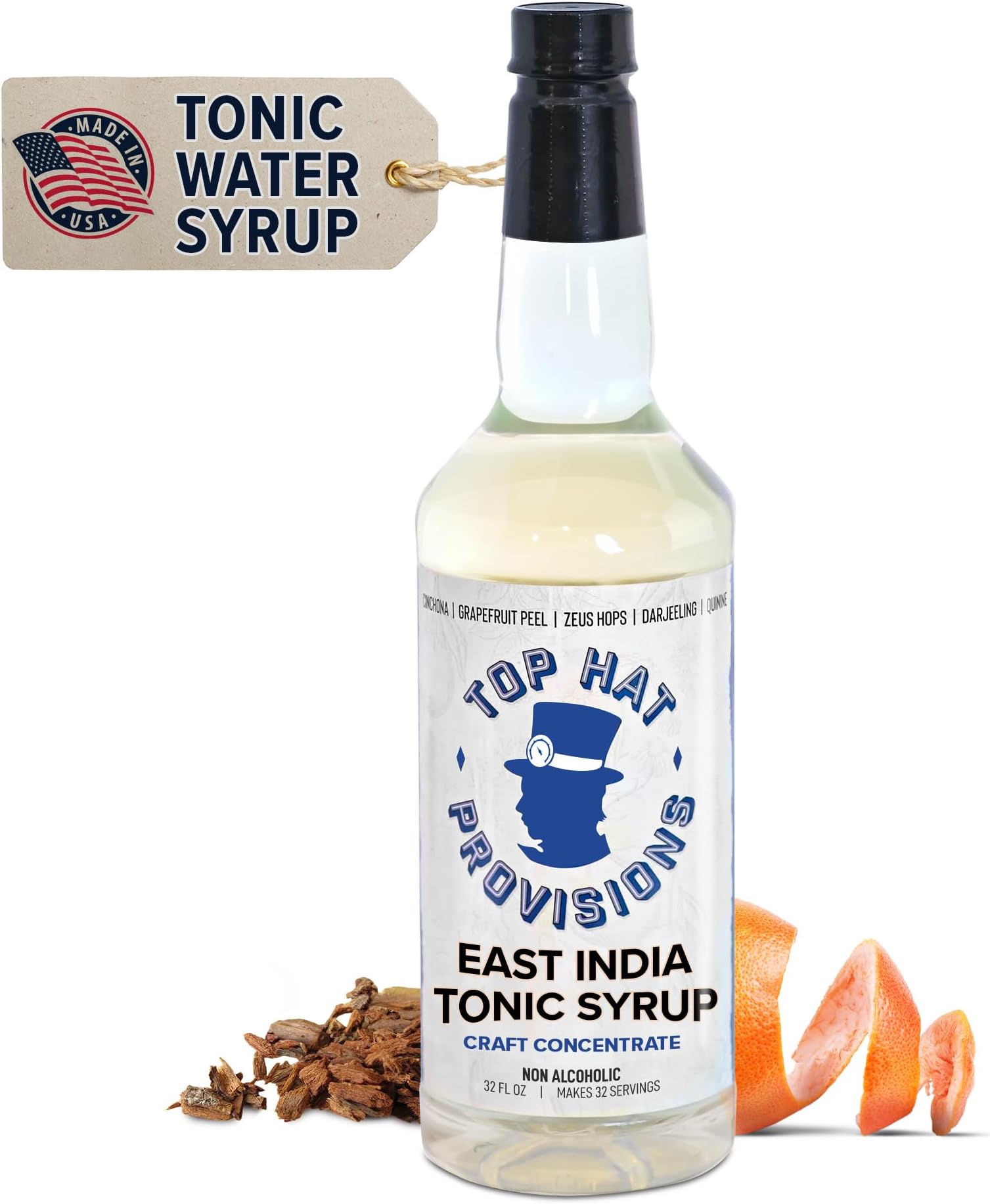 Top Hat East India Craft Concentrated Quinine Tonic Drink Syrup - 5x Natural Quinine Wellness Tonic Water Concentrate - Just Add Club Soda - 32oz bottle