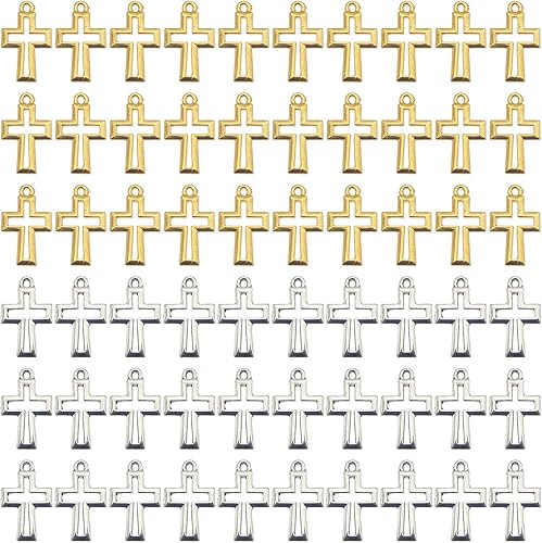 Paquete de 100 mini pulseras de aleación hueca con dije de cruz hueca, colgante, bricolaje, fabricación de joyas, manualidades, hallazgos, oro y