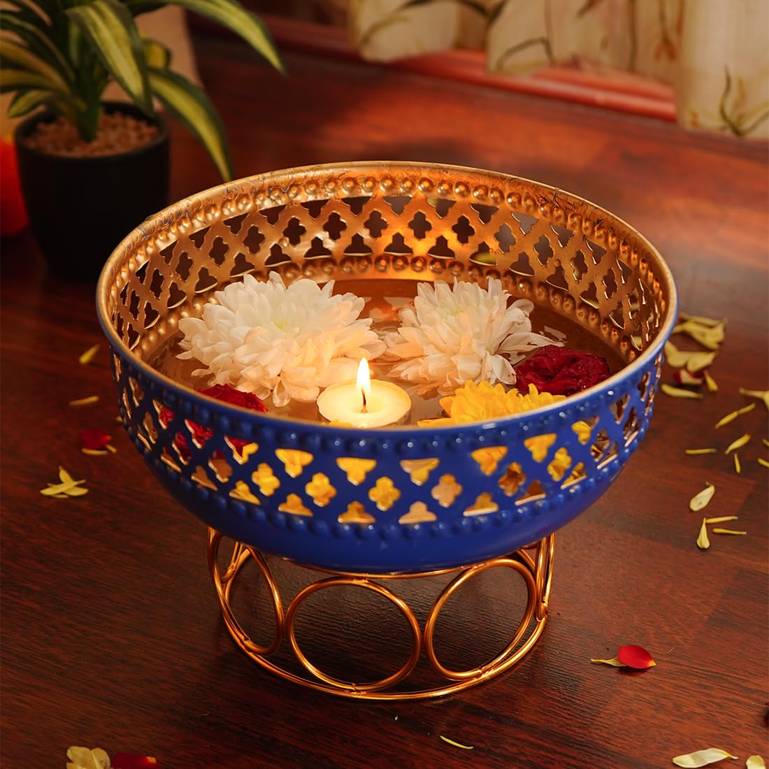Blue Urli Bowl with Stand for Home Decor & Table Decoration | Floating Flowers, Tealight Candles Water Bowl for Diwali Pooja & Other Festivals | Gift for Various Occasions