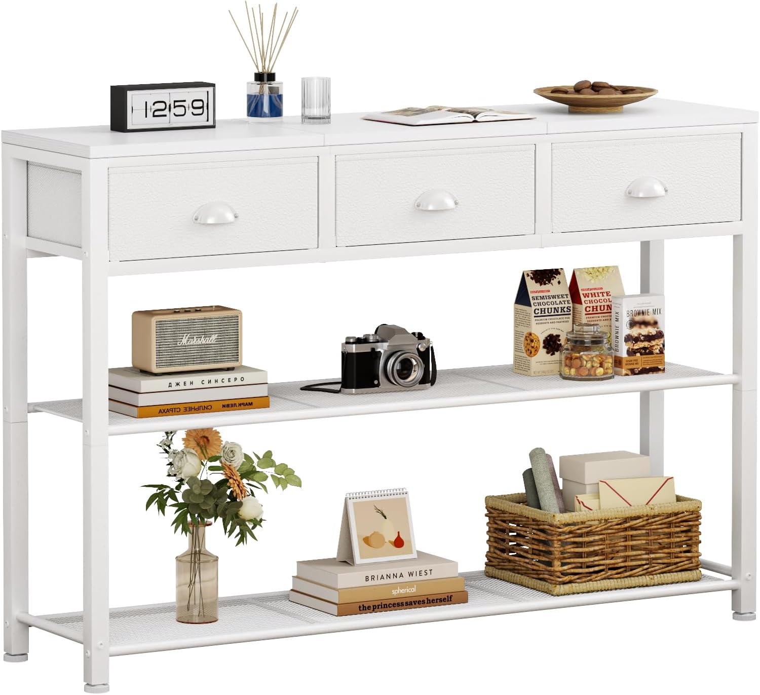 Furologee White Entryway Table, 38'' Console Sofa Table with 3 Fabric Drawers, Industrial Entry Way Table with Storage Shelves, Display Shelf for Living Room, Hallway, Entrance, Foyer