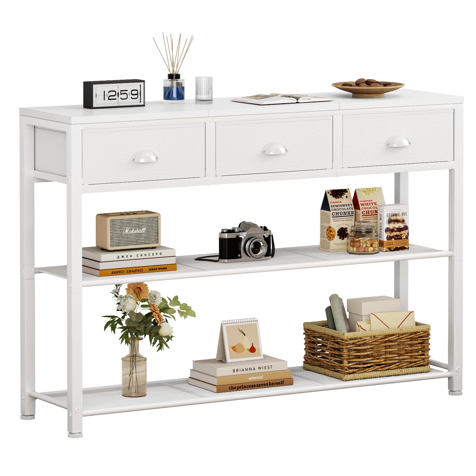 Furologee White Entryway Table 38 Console Sofa Table with 3 Fabric Drawers Industrial Entry Way Table with Storage