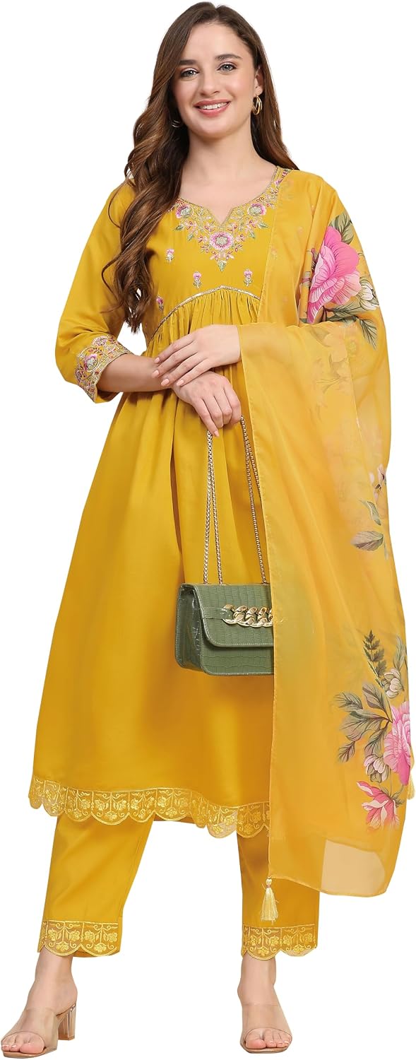 TRENDMALLS Women's Satin Silk Embroidery Salwar Suit Set Kurta Pant with Dupatta (G188-Yellow-M)