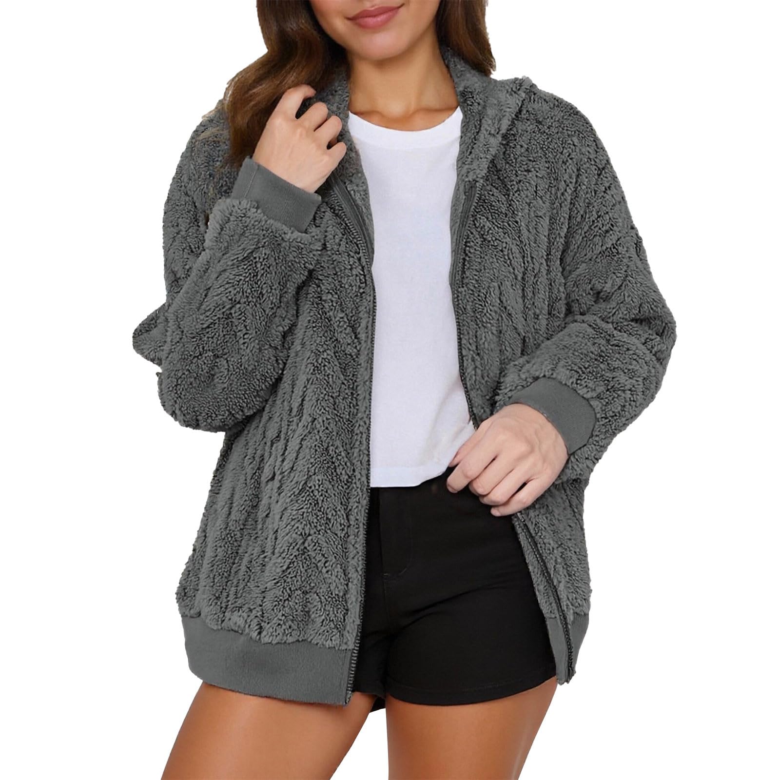 Generisch Outdoor Jacken FüR Damen Übergröße, Kapuzenjacke mit Reißverschluss, Fleece-gefüttert, lässige Oberbekleidung warme Winter- Herbsttage, langer Pullover offener Vorderseite