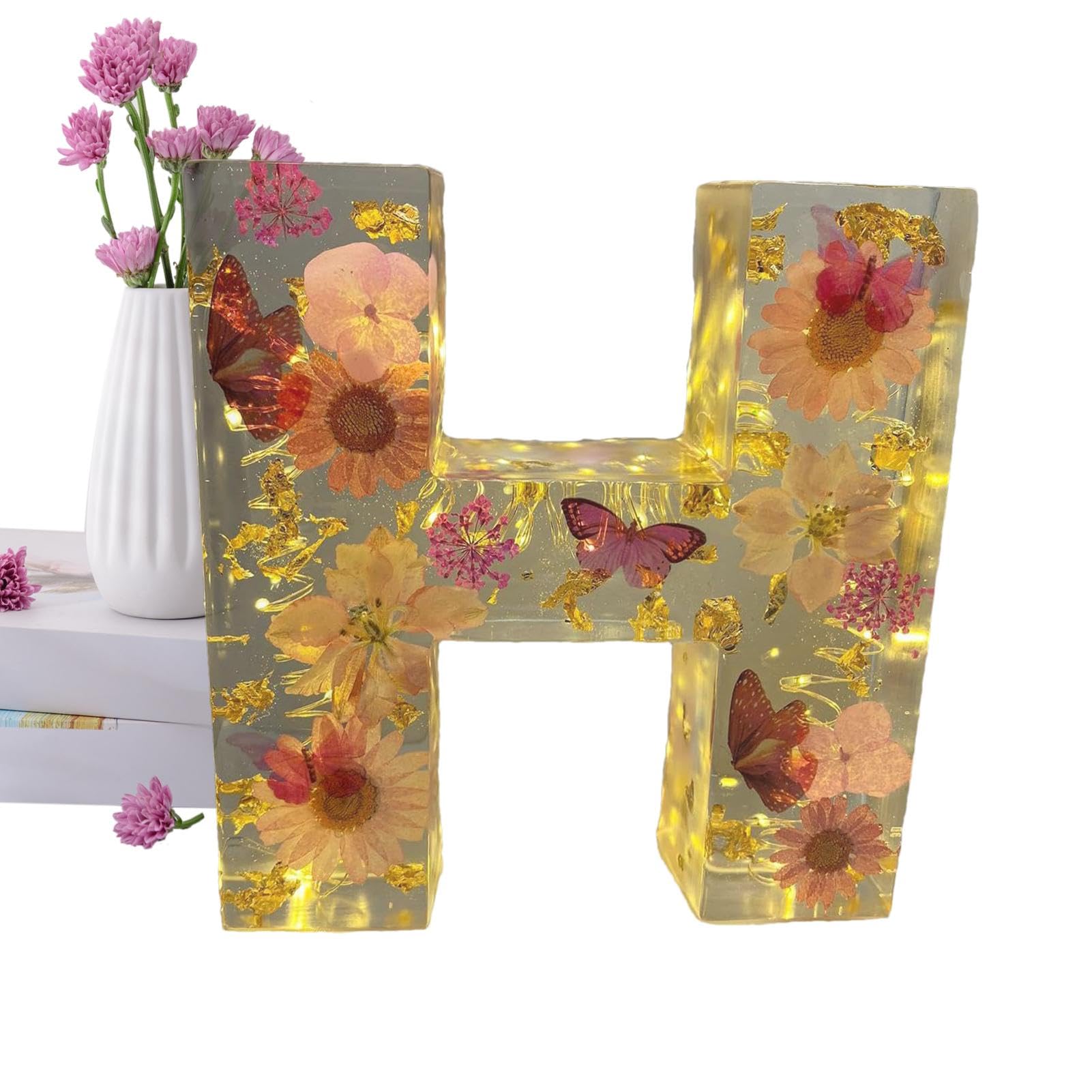 ZHUMCCY Flower Letter Night Light, Dried Flower Resin Night Lamp Floral Resin Letter Night Light Creative Table Light Night Lamp for Bedroom, Living Room