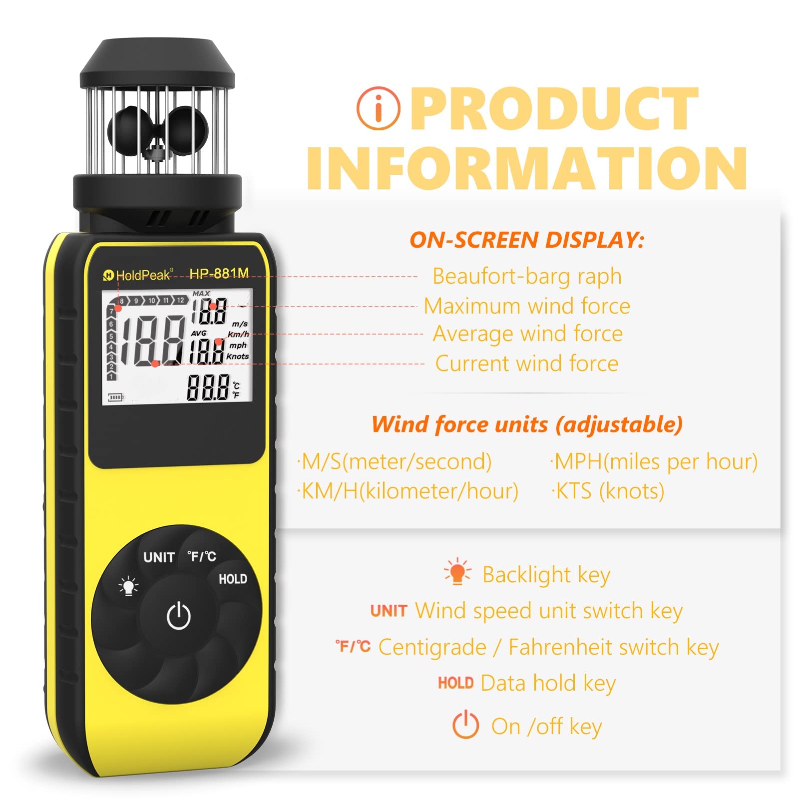 Anémomètre Numérique, HoldPeak 881M Vitesse du Vent de Mètre 4 Cups Wind Speed Meter 0.7~42m/s Compteur de Vitesse du Vent et Température (℃/℉) avec Boussole, pour Tir, Pêche, Voile, Kitesurf