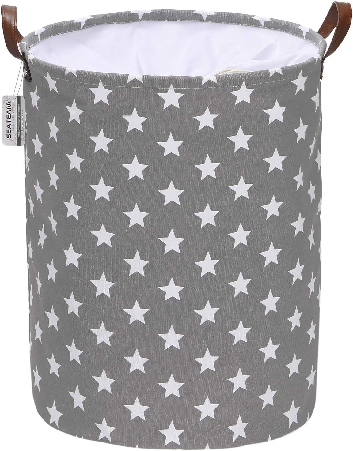 Sea Team Laundry Hamper Canvas Fabric Laundry Basket Collapsible Storage Bin with PU Leather Handles and Drawstring Closure (19.7"/Large, Star/Cool Grey)