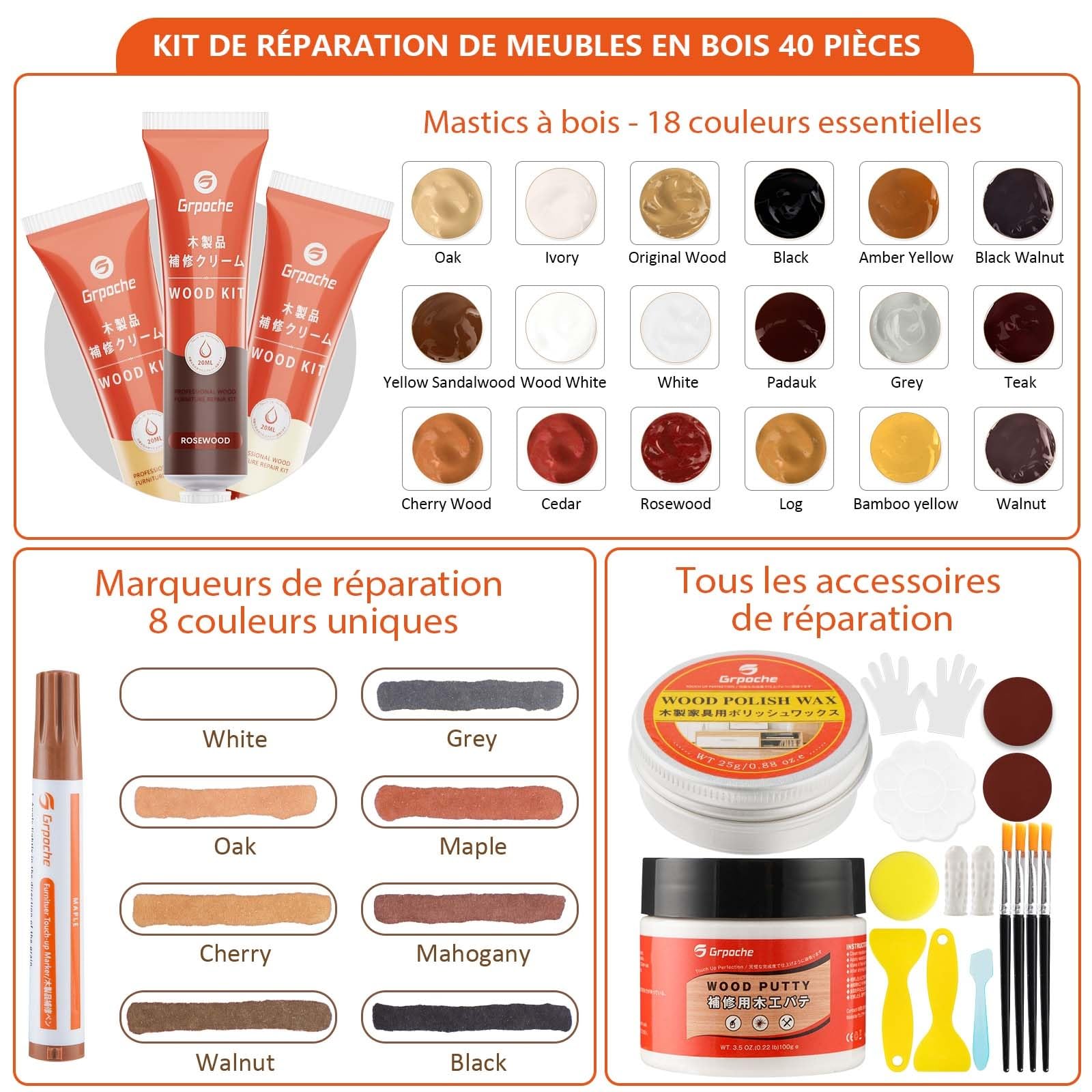 Kit Reparation Parquet, 40 Pièces Kit de Réparation de Meubles en Bois, Marqueurs de Retouche, Mastic à Bois Reparation Fissures, Rayures, pour Stratifié, Table, Porte