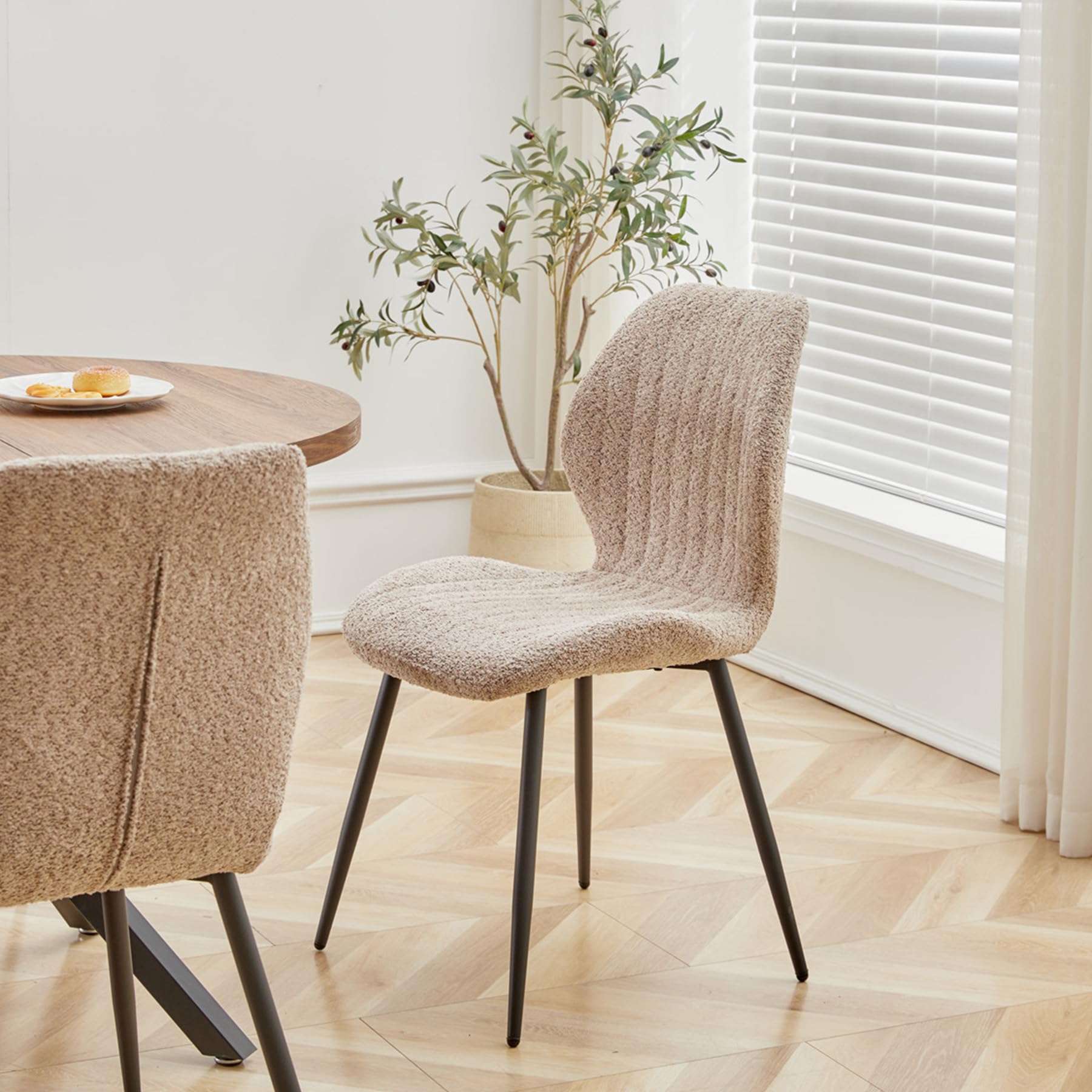 Essgruppe 5-Teilig, 100cm Runder Esstisch und 4 Leinen-Esszimmerstühle, Esstisch und Stühle für 4 Personen, 4 Stühle & Tisch für Küche, Esszimmer und Wohnzimmer (Helle Holzfarbe+Braun)