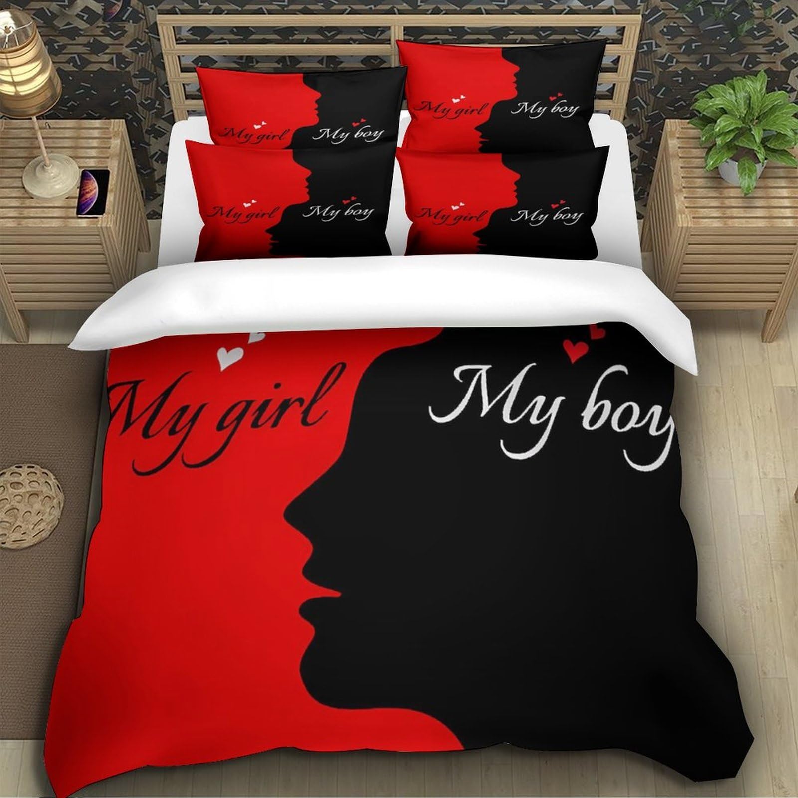 Romantische Pärchen-Silhouetten Bettwäsche Set, 3D Drucken Bettbezug Super King（260x220cm）, Kissenbezug Für Home Deko, Motiv, Geschenk 3er Mit Reißverschluss