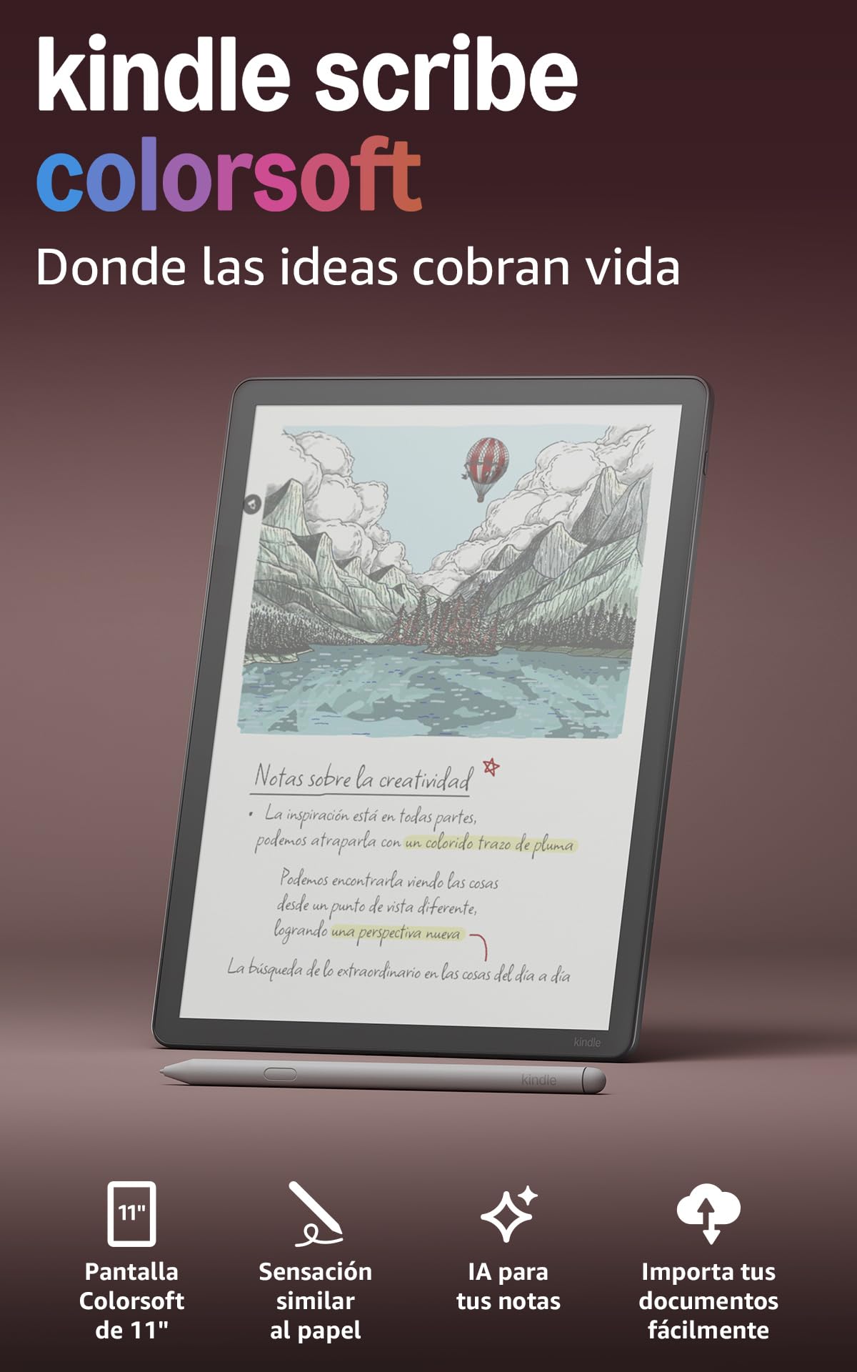 Amazon Kindle Scribe Colorsoft (última gen.): fino, ligero y rápido, con pantalla a color de 11" similar al papel y luz frontal; escribe en cuadernos integrados, documentos y libros (64 GB, grafito) en oferta en Amazon