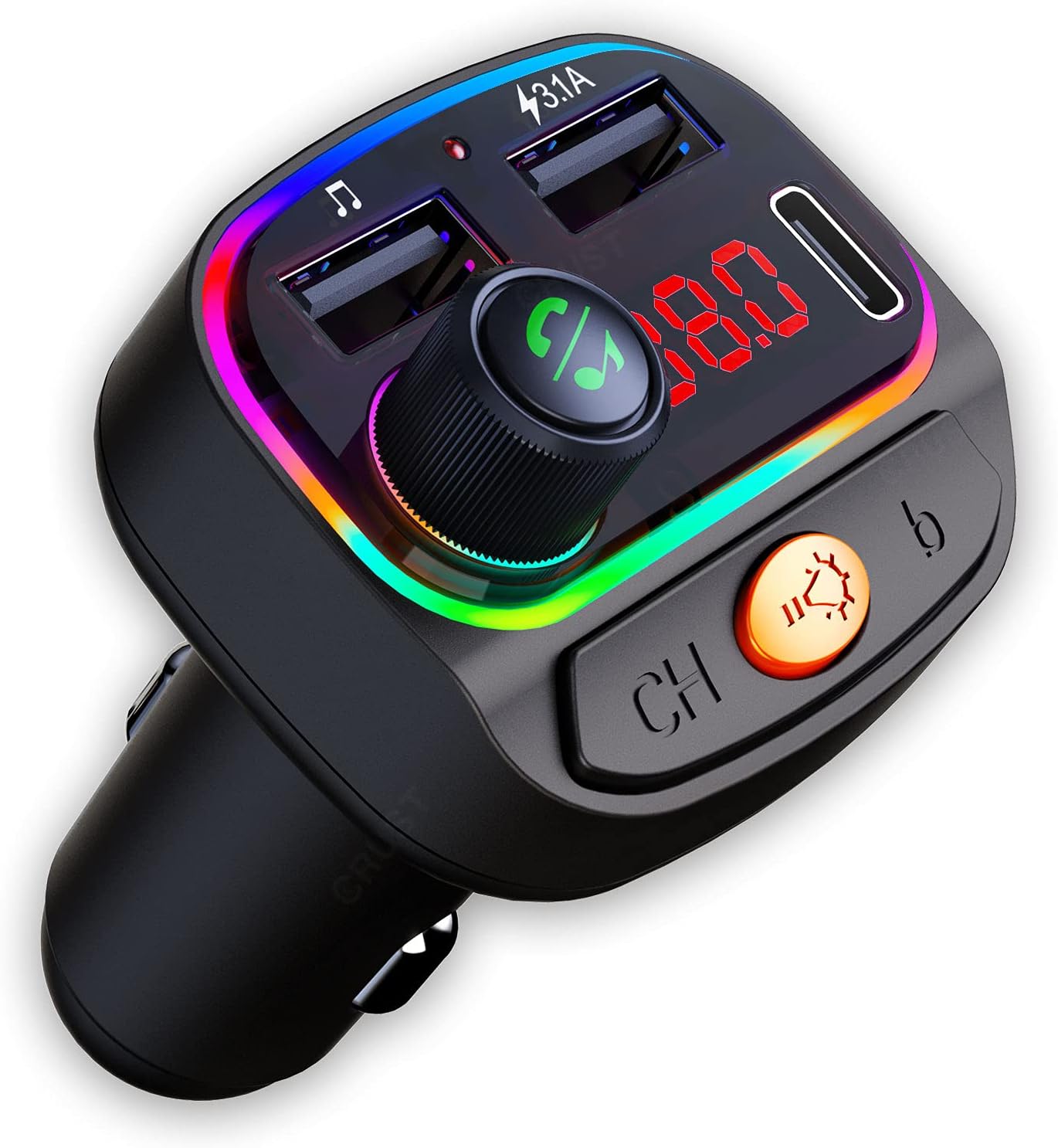 - CRUST CS30 Car Bluetooth Device [Upgraded BT v5.3] with Call Receiver, FM Transmitter for Music System & Dual USB + Type C Charger; 7 Colour LED Lights; 6 EQ Presets; USB MP3 Support; Voice Assistant