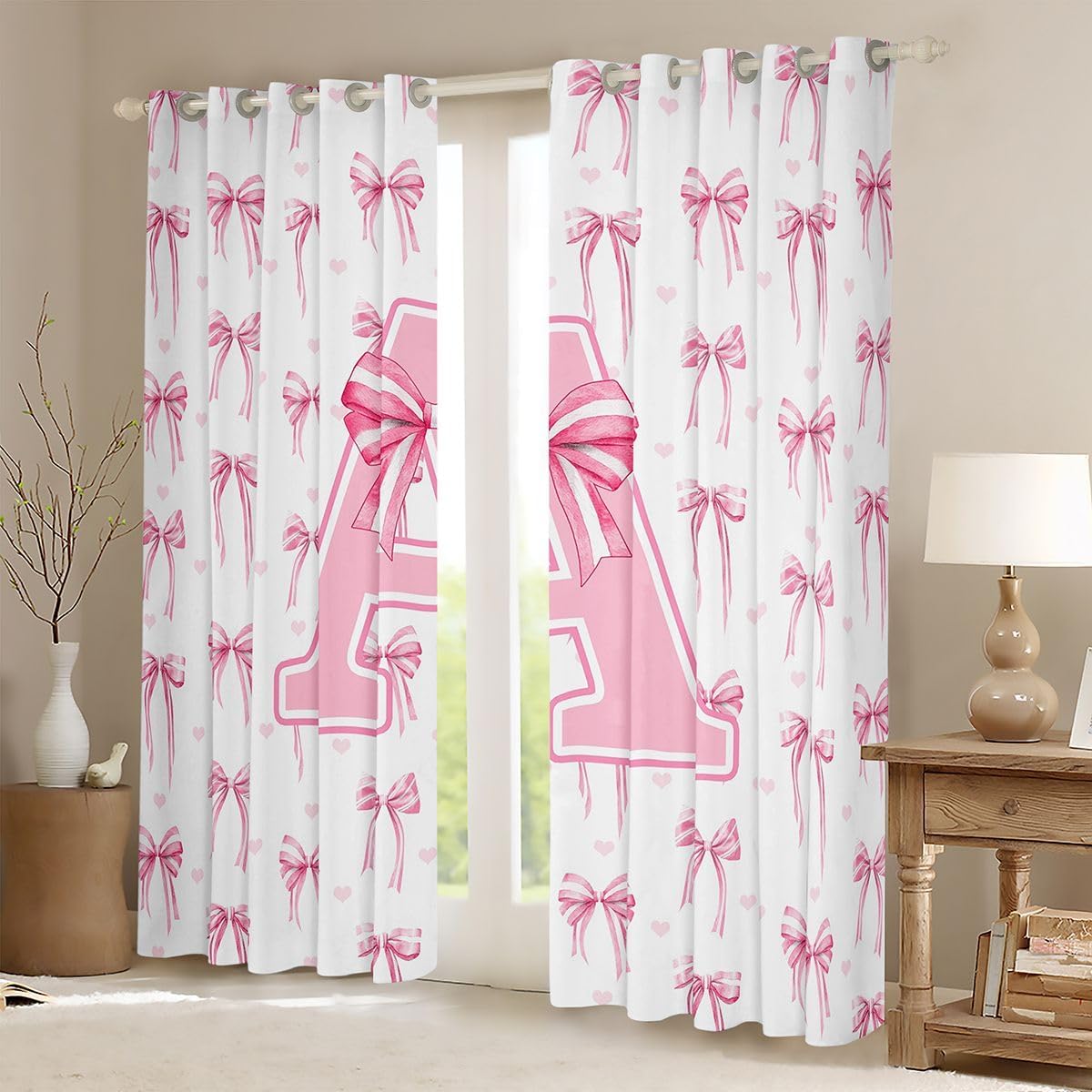 Feelyou Kawaii Pink Bow Curtains for Bedroom Living Room Personalized Initial A Blackout Shades Monogrammed Room Darkening Curtain Cute Coquette Bowknot Window Treatments, 2 Panels 38 x 45 Inch Decor image 2