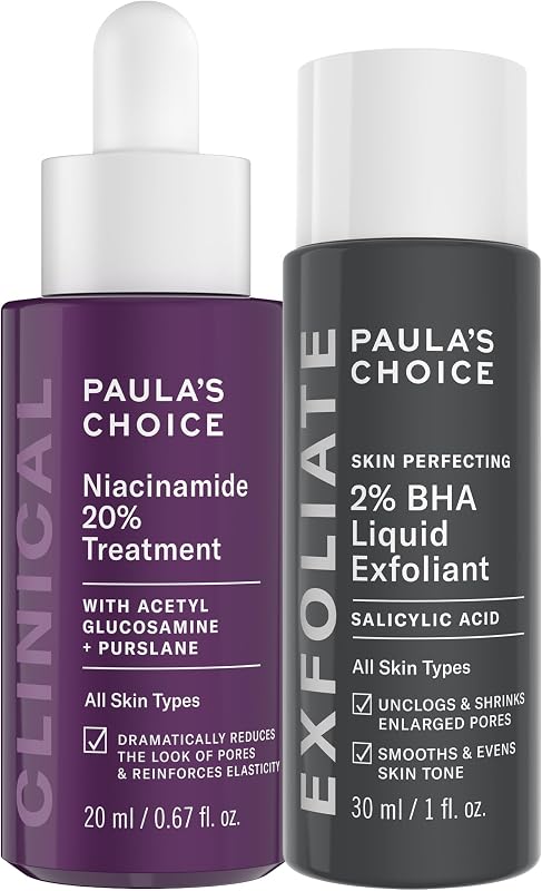 CLINICAL 20% Niacinamide & Travel 2% BHA Liquid Exfoliant | Smooths & Brightens with Niacinamide Serum Treatment & Salicylic Acid Liquid Exfoliant, Set of 2