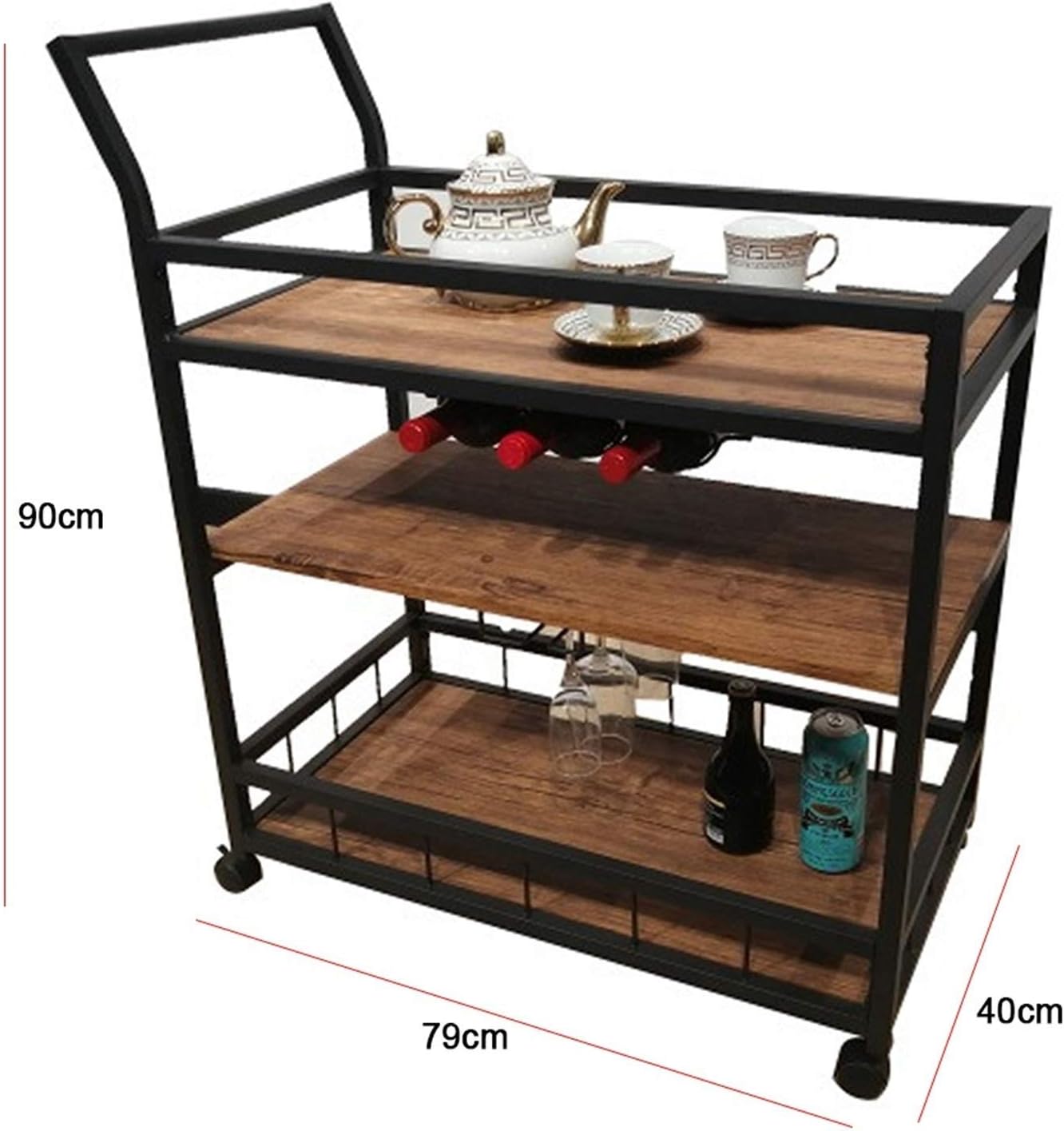 Rolling Serving Cart Bar Serving Cart Home Rustic Mobile Kitchen Serving cart Industrial Vintage Style Wood Metal Serving Trolley,with Wine Glasses Hooks