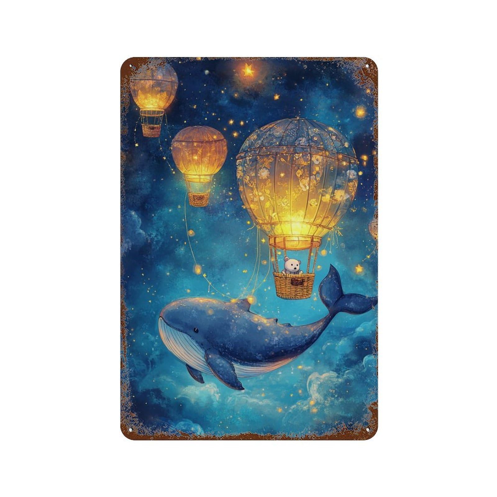 Whale Balloon Night Sky Aged Metal Wall Plaque 11.8"x7.9", for Garage, Bar And Workshop Decor, Farmhouse Wall Decor