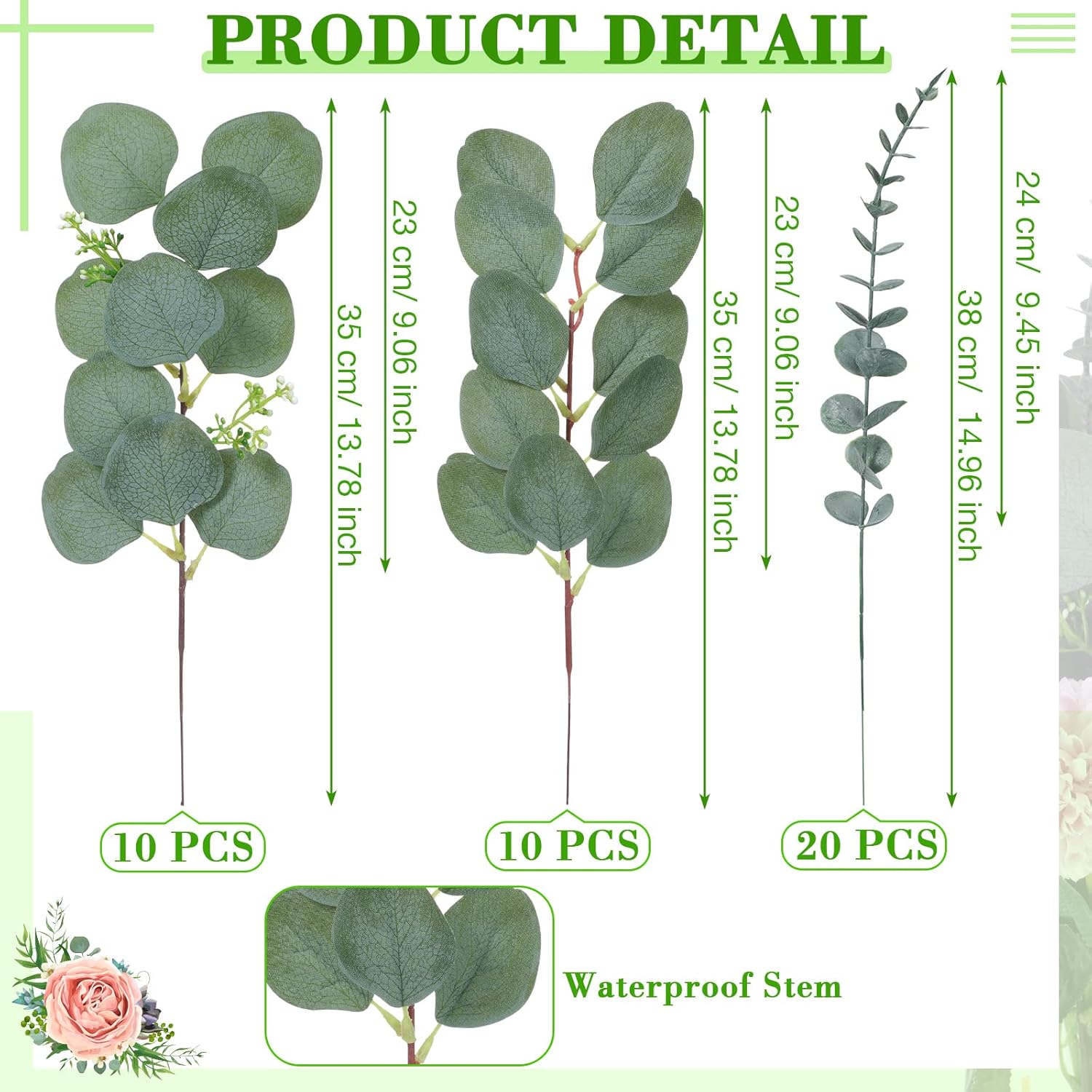 40 Pieces Eucalyptus Stems Decor Artificial Eucalyptus Leaves Floral Green Fake Eucalyptus with Fake Leaves Faux Branches Fake Greenery Plant for Wedding Bouquet Home Floral Arrangement Supplies