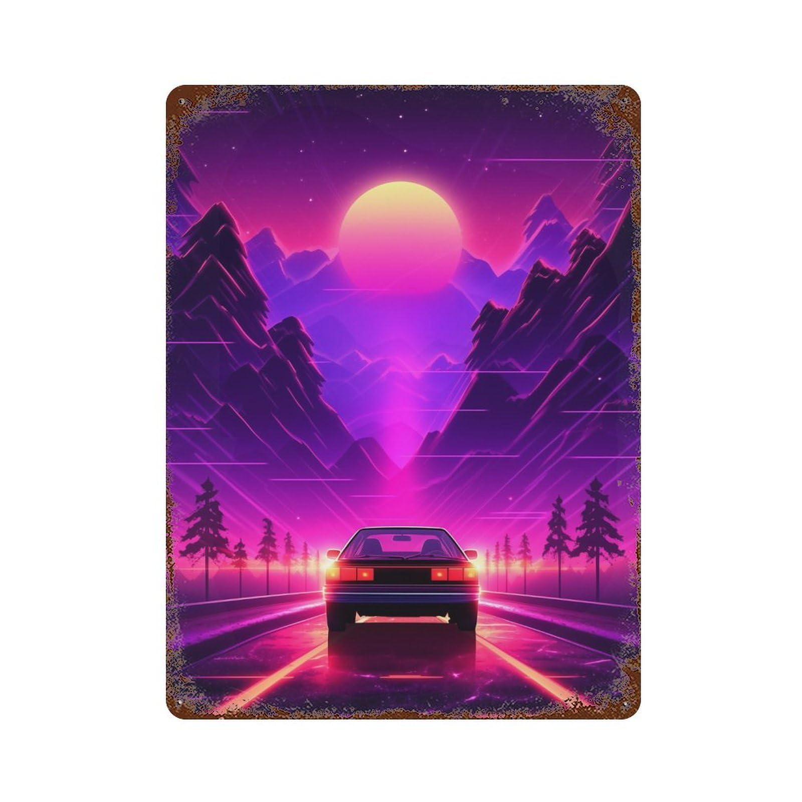 Rust Effect Neon Road Adventure Rustic Tin Plaque 15.7"x11.8", Old School Wall Decor for Shed, Workshop And Garage Wall Decor
