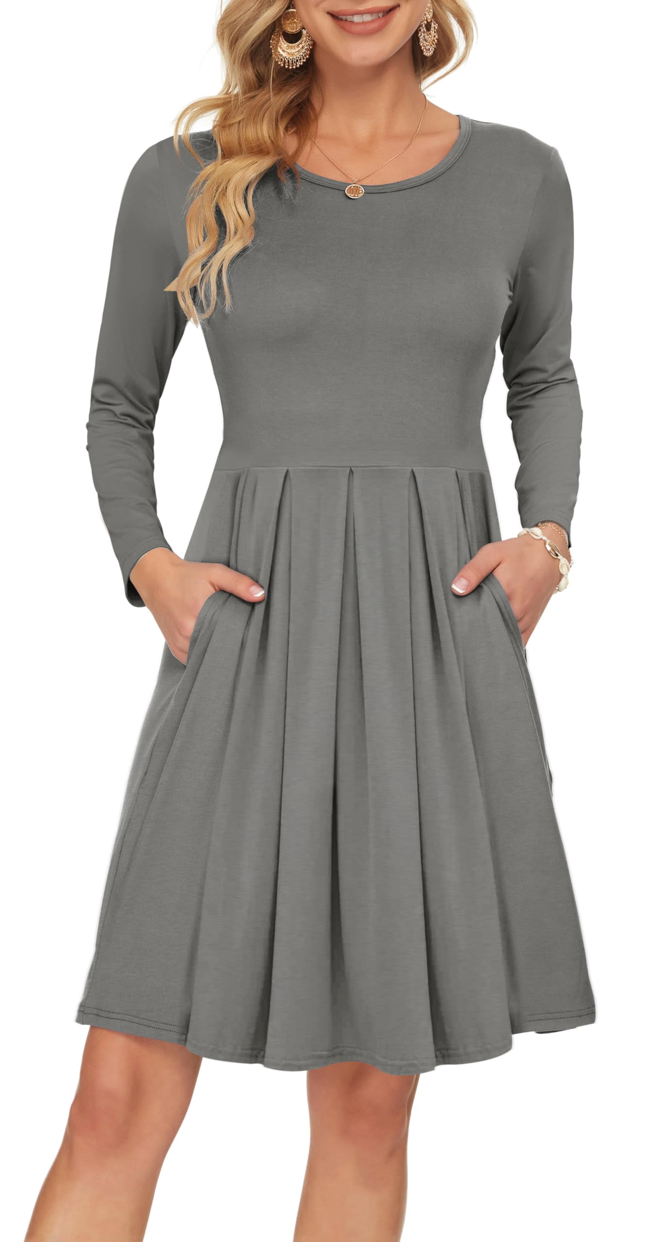 Auselily Women's Gray Long Sleeve Pleated Loose Swing Casual Dress With Pockets Knee Length Xxl