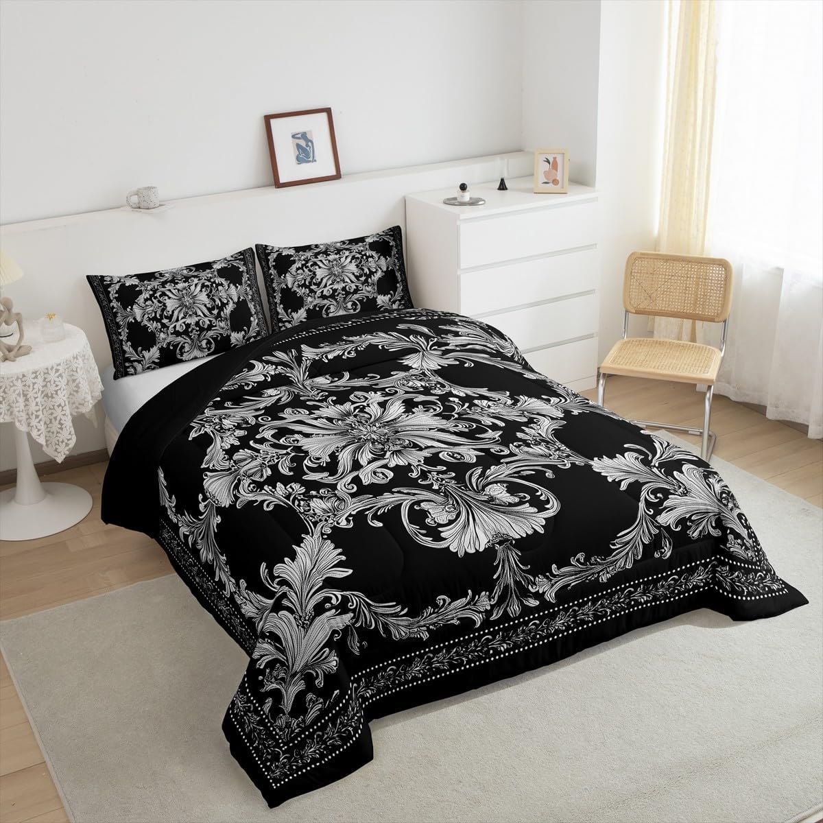 Adults Black Damask Comforter Set Gothic Vintage Floral Bedding Sets Queen Victorian Baroque Flowers Bedding Comforter Sets Bohemian Exotic Mandala Print Down Comforter Boho Stripes Bed Set