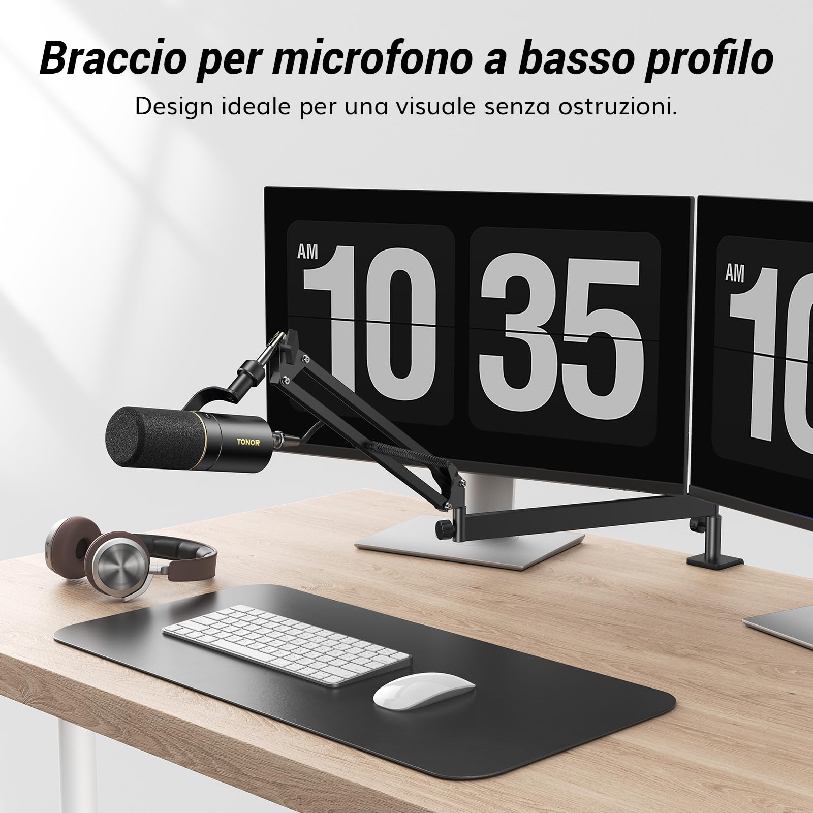 TONOR Braccio del microfono, Supporto per Micro a Basso Profilo per Podcasting/streaming, Completamente Regolabile a 360°, Ruotabile a 90° e Pieghevole per Podcast/Giochi, 38 cm +35 cm, Nero, T20LP