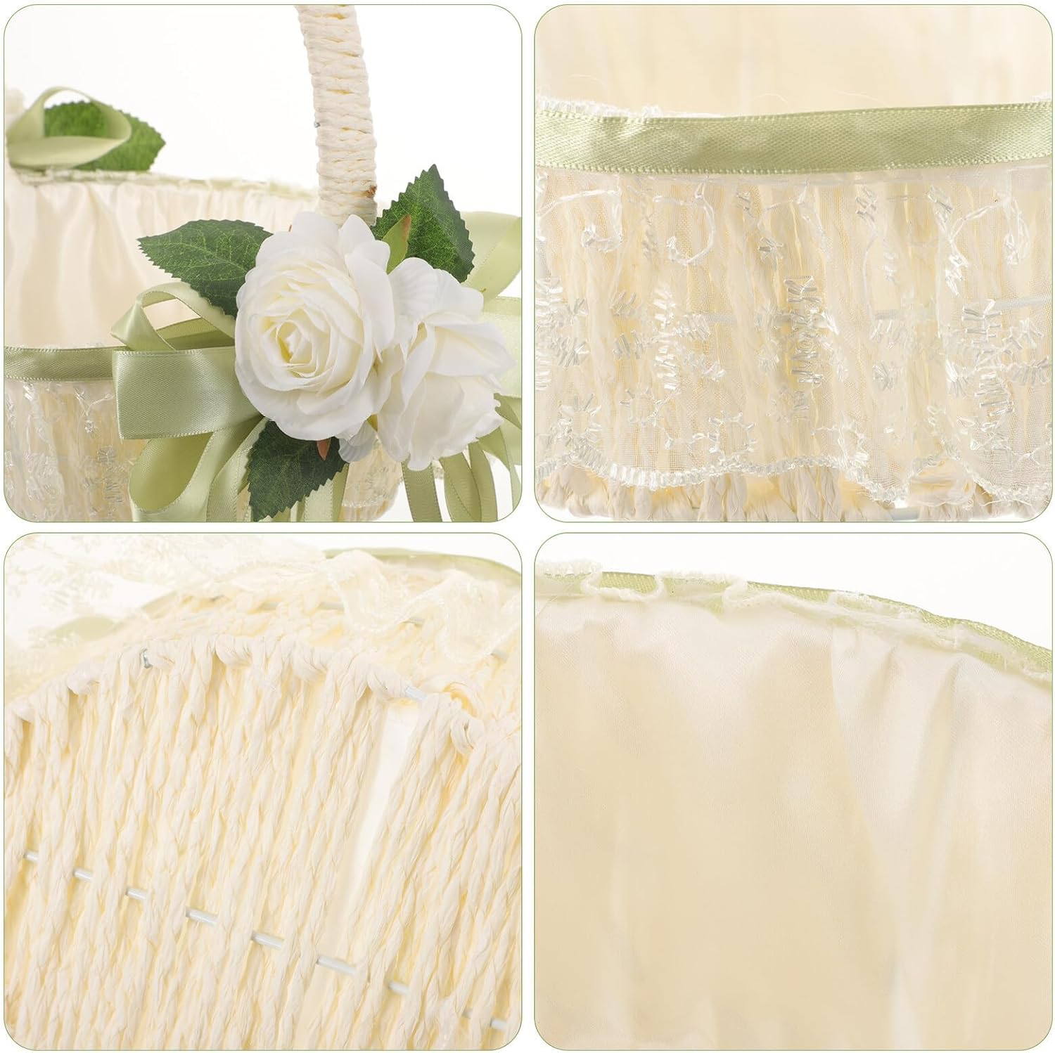 Artibetter Wedding Flower Girl Basket Handheld Ivory Artificial Rose Basket with Bow Handle Romantic Wedding Party Supplies for Ceremony