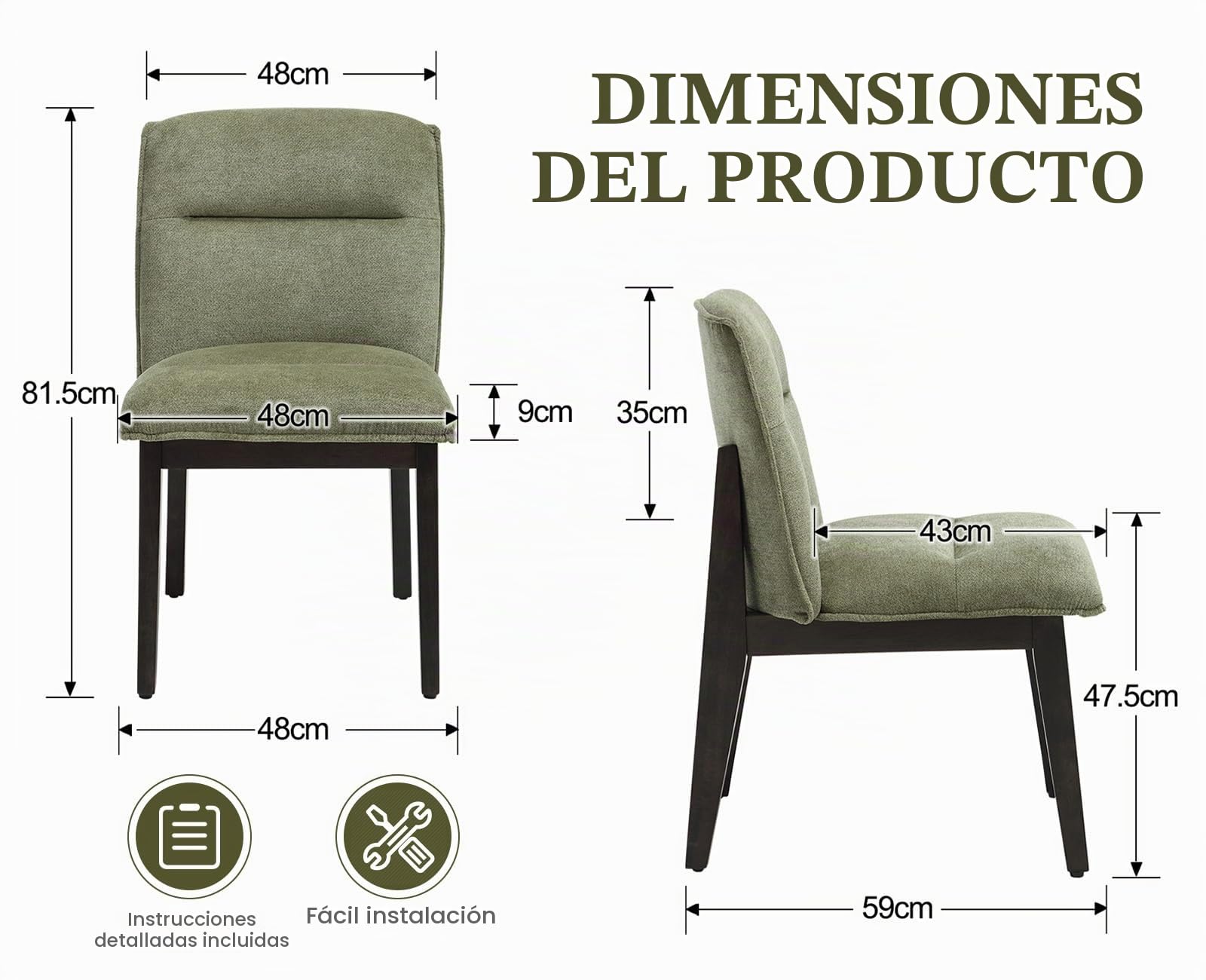 chairus Juego de 4 Silla de Comedor en Chenilla con Respaldo Alto, Silla de Cocina con Patas de Madera Silla Acolchada sin Brazos para Mesa/Salón, Verde