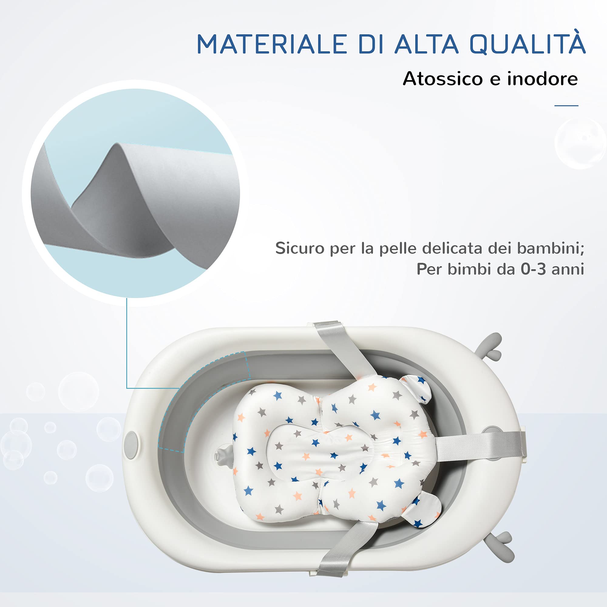 HOMCOM Vaschetta Bagnetto Pieghevole per Bambini 0-3 Anni con Indicatore di Temperatura e Cuscino, 81.5x50.5x23.5cm, Bianco