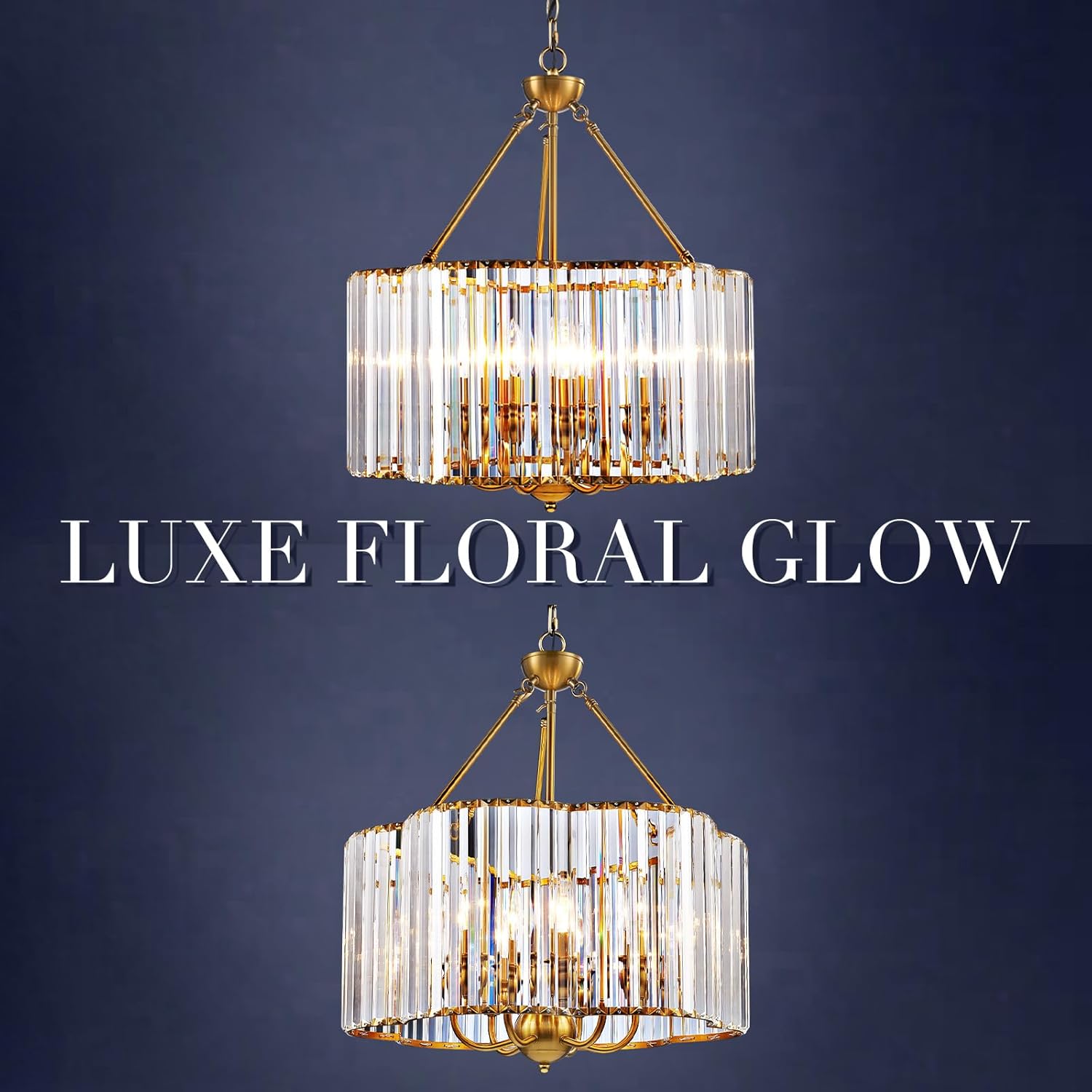 Hamilyeah 20" Gold Crystal Chandelier for Dining Room, Modern 6-Light Drum Floral Light Fixture Pendant Lighting, Adjustable Hanging Chain Ceiling Light for Kitchen, Living Room, Bedroom Entryway