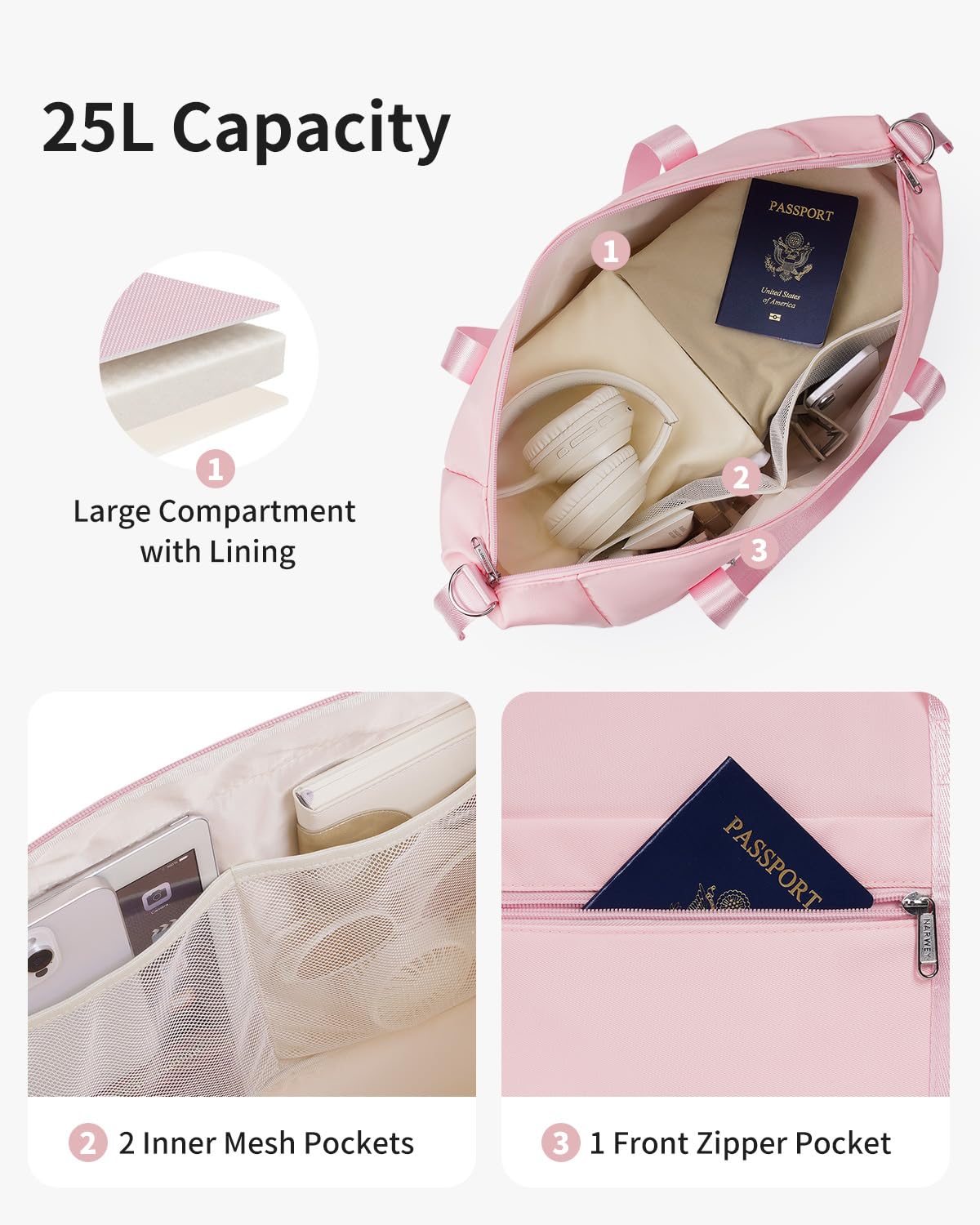 Narwey Travel Duffle Bags for Women, Weekender Sports Gym Tote Bags for Women, Personal Item Travel Bag Airplane, Overnight Hospital Shoulder Bag, Carry on Luggage with Trolley Sleeve (Pink) - 4