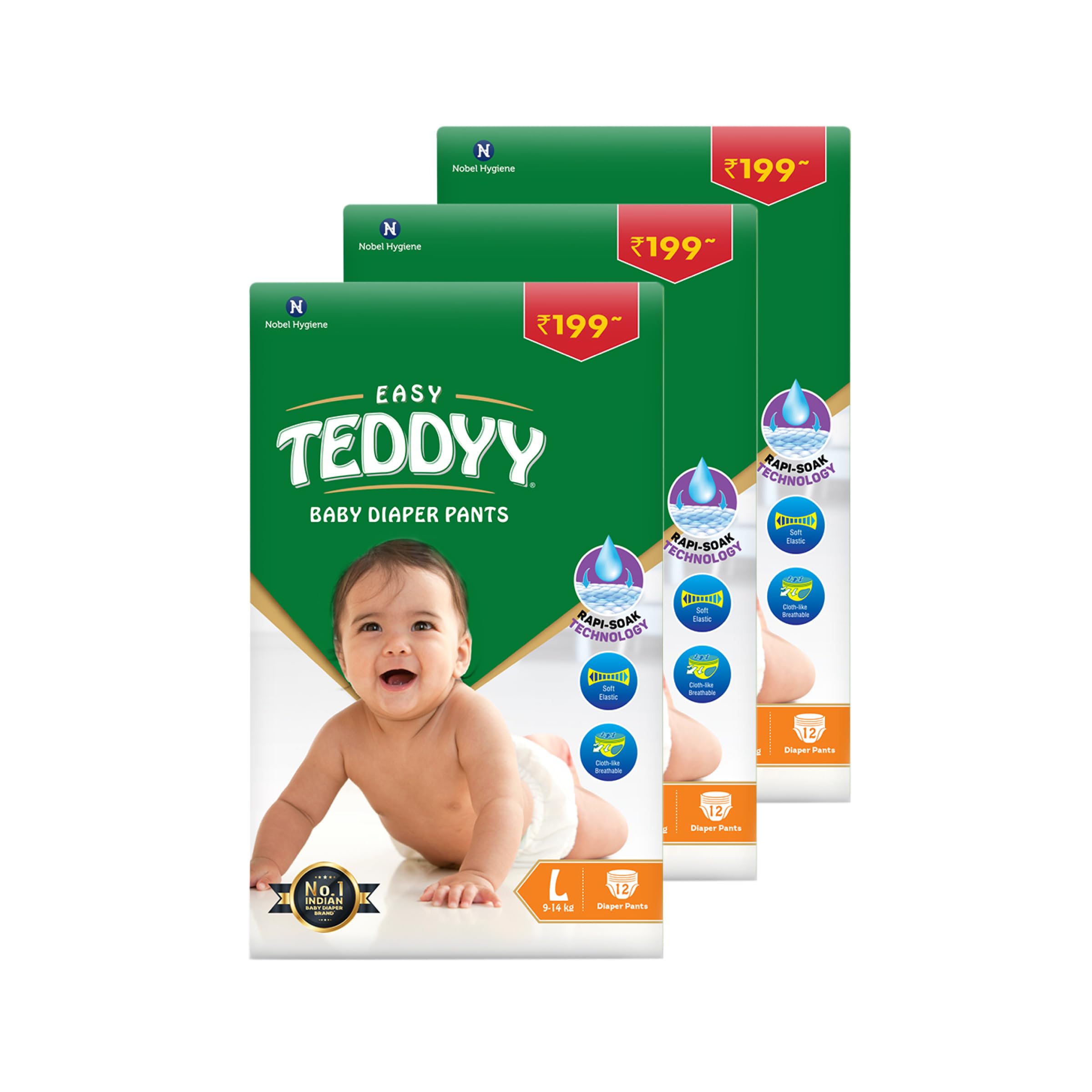 TEDDYY Baby Diapers Pants Easy Large 36 Count (Pack of 3), 9-14 kgs, 12 hrs Leak Protection, Anti - Bacterial