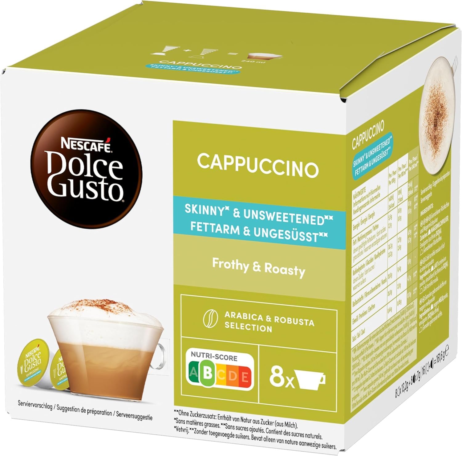 Nescafe Dolce Gusto Cappuccino Skinny & Unsweetened Coffee Pods By COUGAR | Frothy & Roasty Cappuccino | Low Fat, No Added Sugar | Arabica & Robusta Blend | Compatible with Dolce Gusto Machines | 8 Servings Pods 161.6g Box (Imported-USA)-image-19