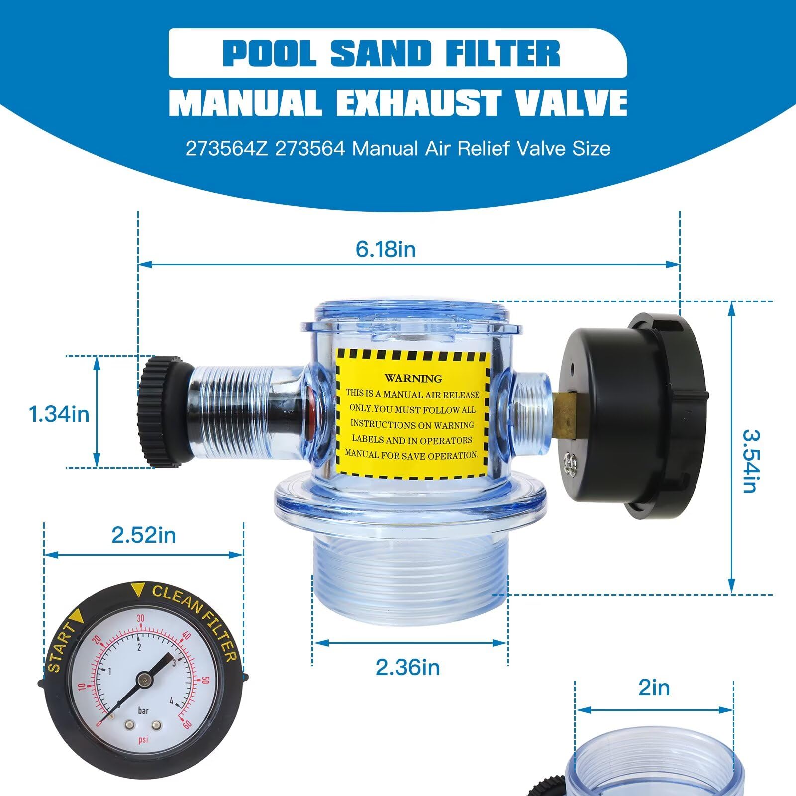 Valvola limitatrice di pressione manuale compatibile con filtri Pentair Clean Ground Clean Plus Clean/Predator per piscine e spa 273564Z