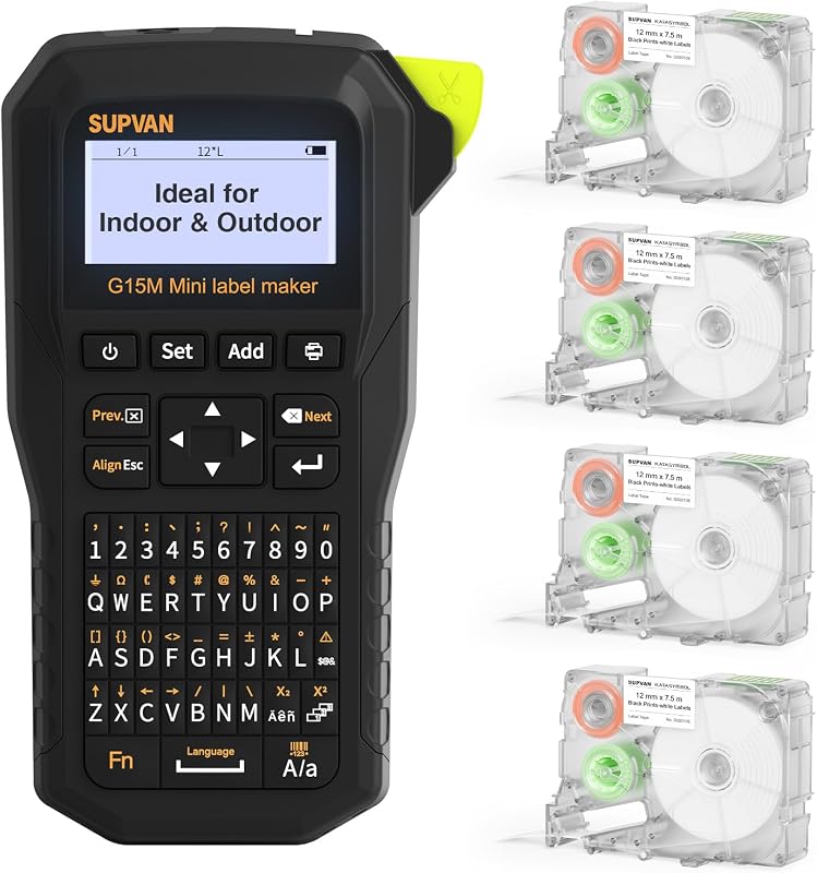 G15M Mini Portable Label Maker Machine with 4 Continuous Tapes | Heat Shrink Tube & Multiple Label Types, Rechargeable, Minimal Margin, LCD Backlit, Thermal Transfer, Home, Garage, Outdoor