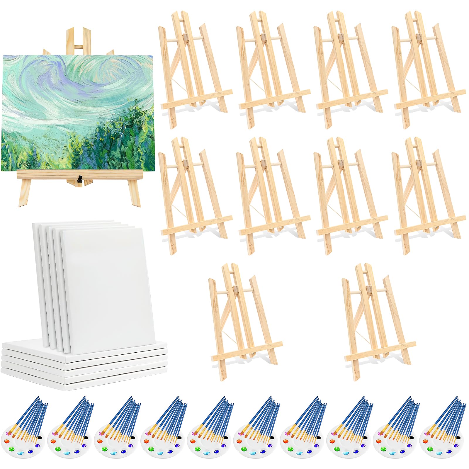 130Pcs Canvas Easel Set, 10 Easels, 10 Canvas, 10 Palettes, 100 Brushes