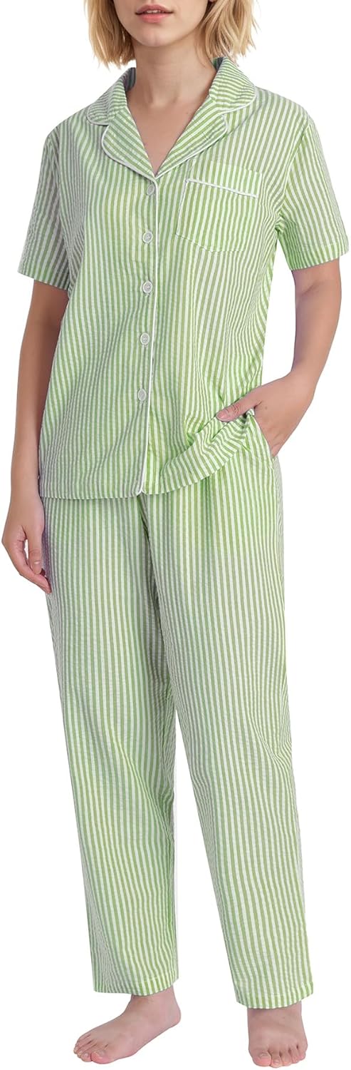 Women's Petite Pajama Set 2 Piece Cotton Seersucker Pjs