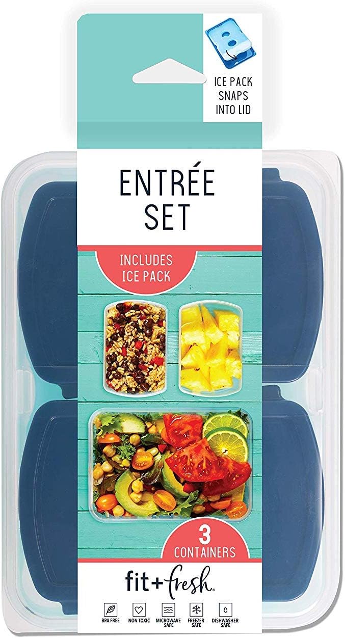 Fit & Fresh 216HL Entree Set with Ice Pack, 3 Reusable Portion Control Containers, BPA-Free, Microwave/Dishwasher Safe Lunch Box, Entrée, Blue