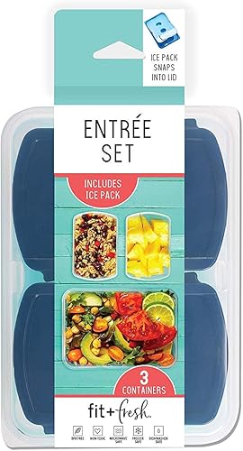 Fit & Fresh 216HL Entree - Juego de 3 recipientes reutilizables de control de porciones, sin BPA, apto para microondaslavavajillas, entrada, azul