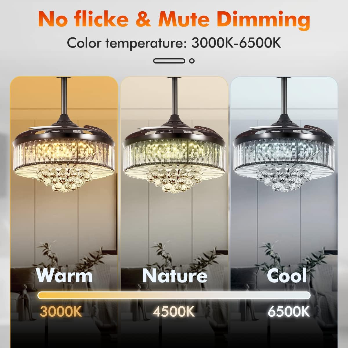 MORE CHANGE BIGBANBAN 42'' Fandelier Ceiling Fan with Light, Retractable Chandelier Fan LED Crystal Ceiling Fan for Bedroom Living Room Dining Room