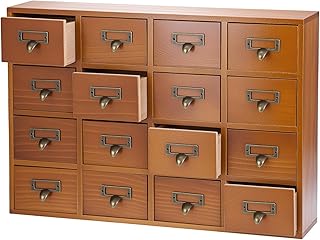 QWORK Rustic Vintage Card Catalog Desk Drawer Organizer,16-Drawer Natural Solid Wood Storage with Dark Brown Varnish Finish