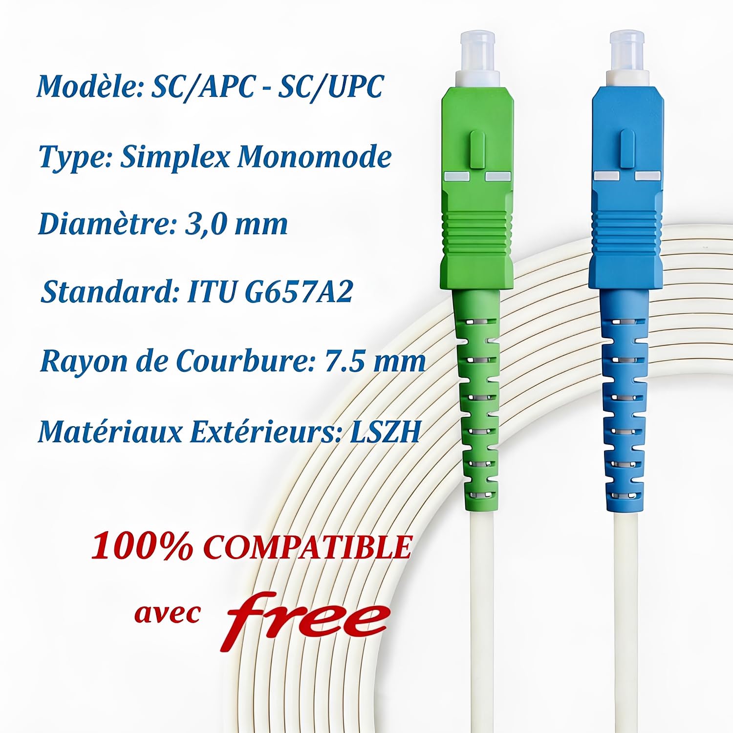 Elfcam® - Kabel światłowodowy/Przedłużacz (Freebox) - Jednomodowy SC-APC do SC-UPC - Wzmocniona osłona i złącze - Bardzo niezawodna utrata - Biały, 20M