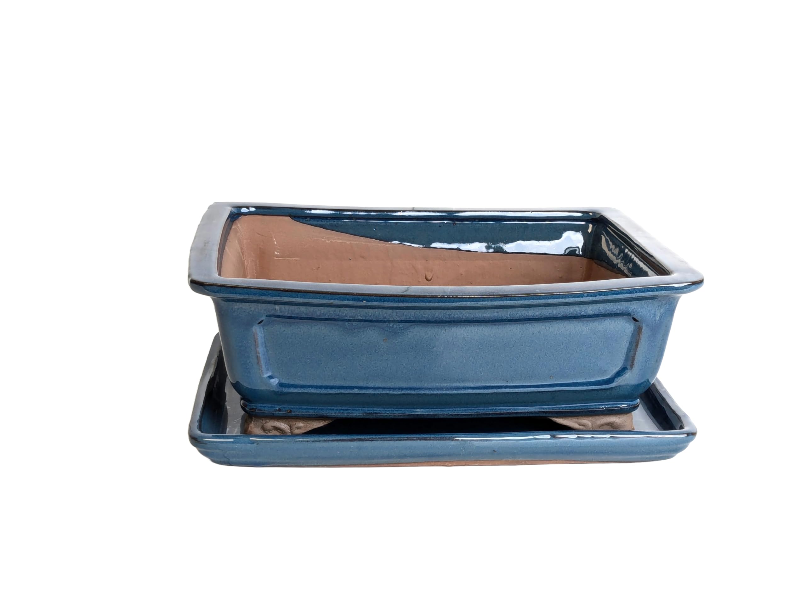 Glazed Ceramic Bonsai Pots with Matching Drip Trays (Metallic Blue, 30cm)