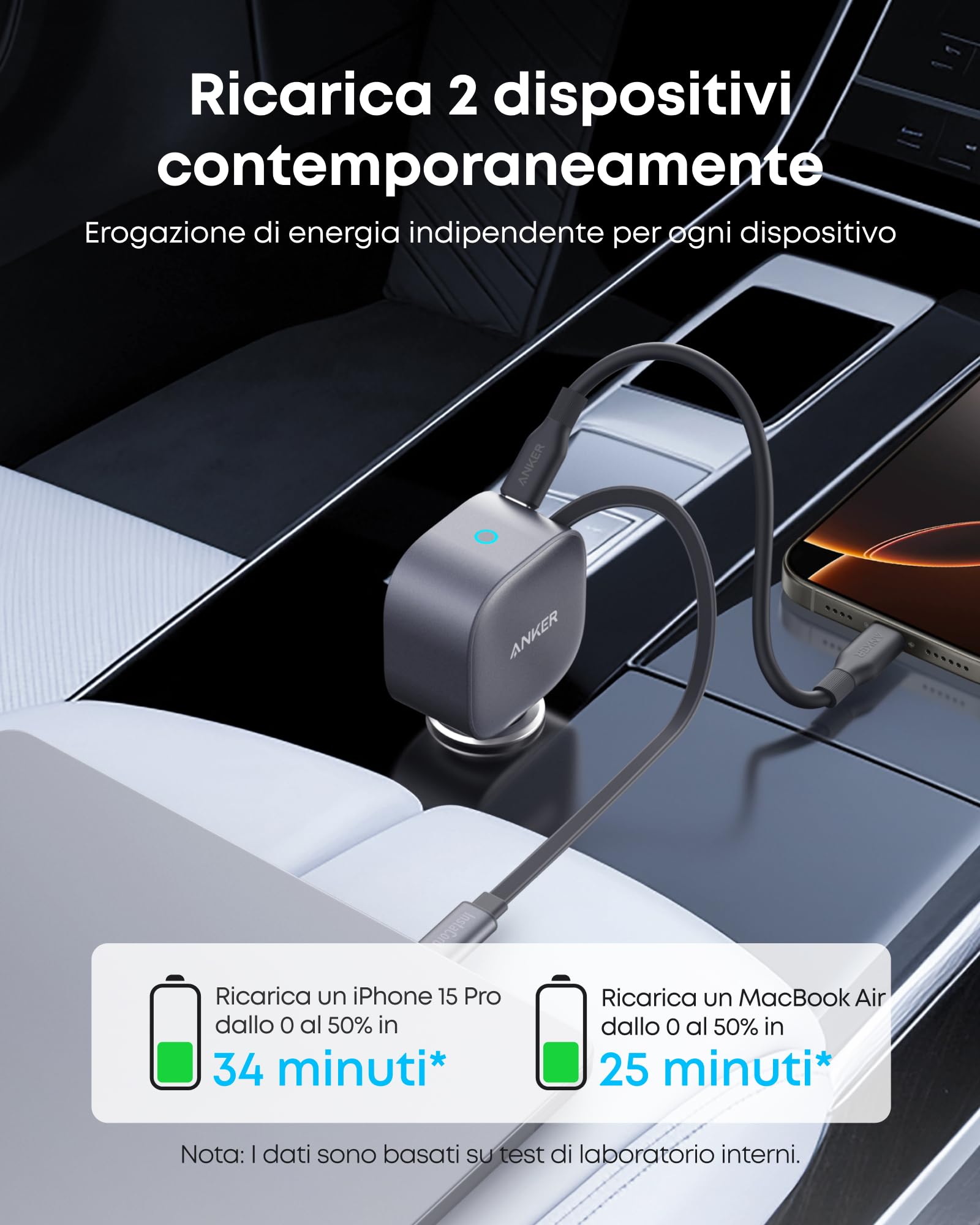 Anker Caricatore Auto USB C 75W Max, Ultra-Compatto Tipo-C Rapido per Auto con Cavo a Scomparsa Integrato, Adattatore per Auto per iPhone 16/15/14 Series, MacBook, iPad, Galaxy, AirPods e Altro