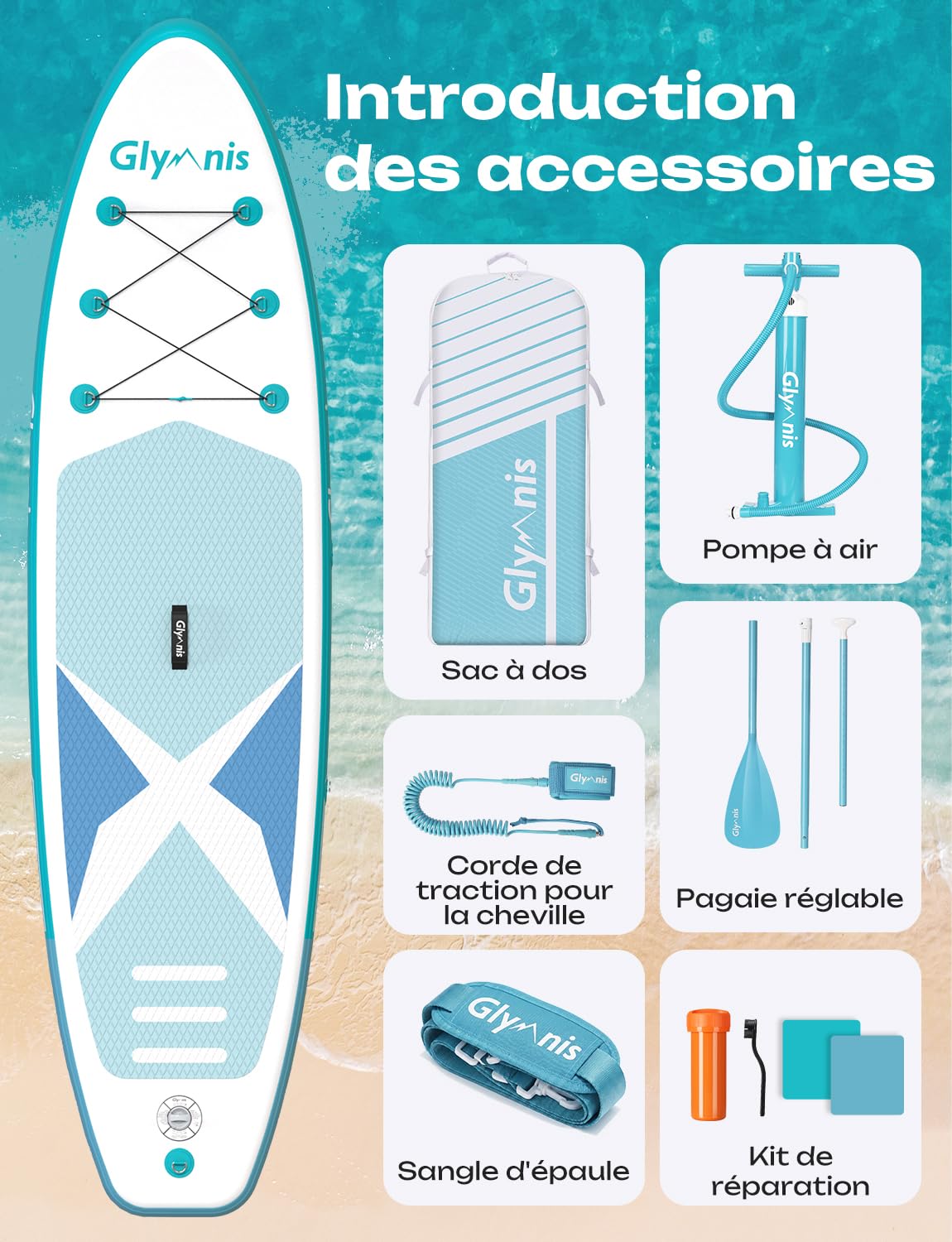 Glymnis Sup Board Stand Up Paddling Board Gonflable Stand Up Paddle Board Set 10'6 "320x80x15cm 6 Pouces d'épaisseur avec Pompe à air à pagaie en Aluminium et Accessoires complets