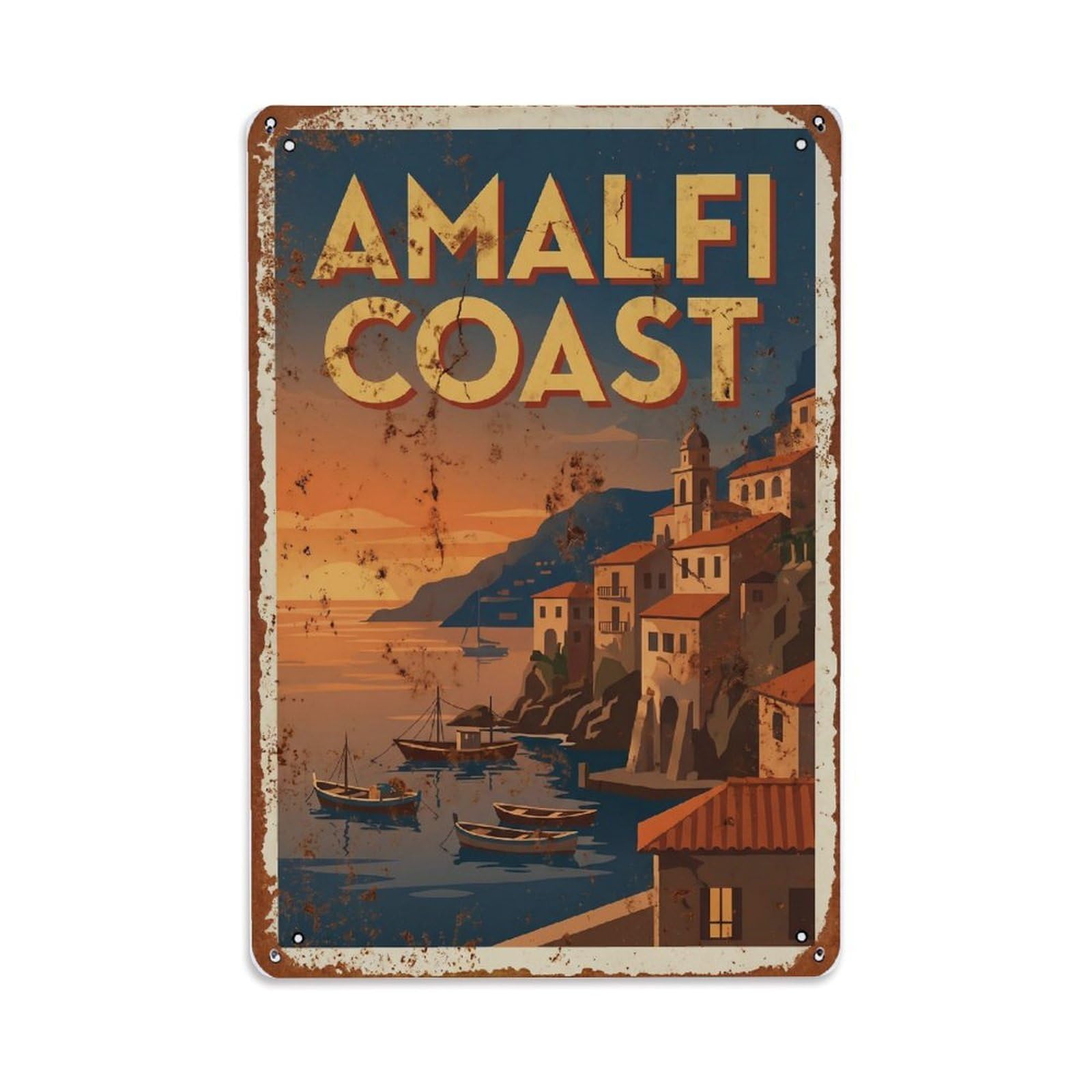 Vintage Travel Dusk Italy Coastal 1 Metal Tin Sign Plaque Wall Decor for Cafe, Club Bar, Office, Home Garden Metal Poster 8x12Inch