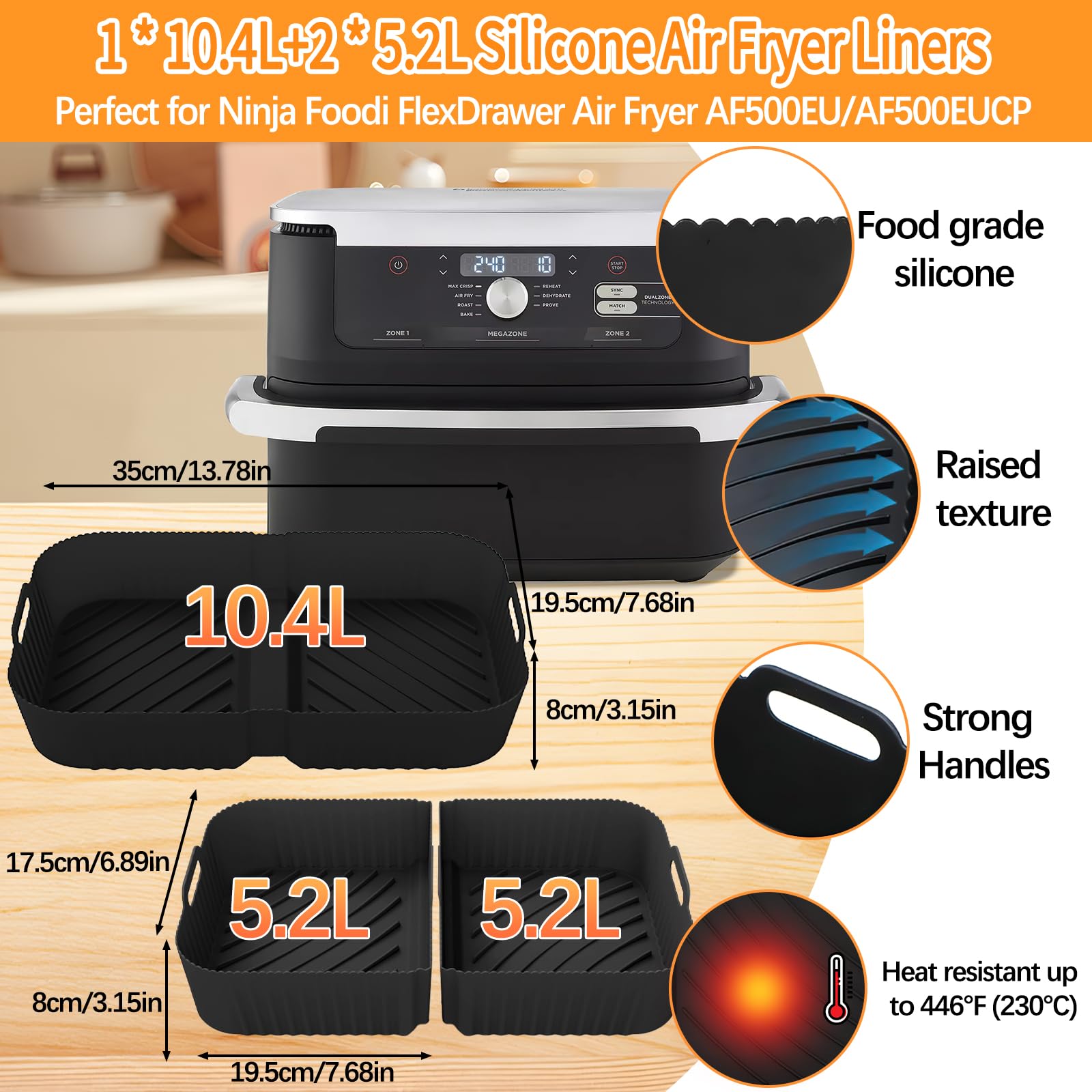 Moule Silicone Air Fryer pour Ninja Foodi FlexDrawer 10.4 L AF500EU, 24 Pièces Silicone Accessoires Air Fryer pour Friteuse, AF500EUCP Accessoires 1×10.4L+2×5.2L