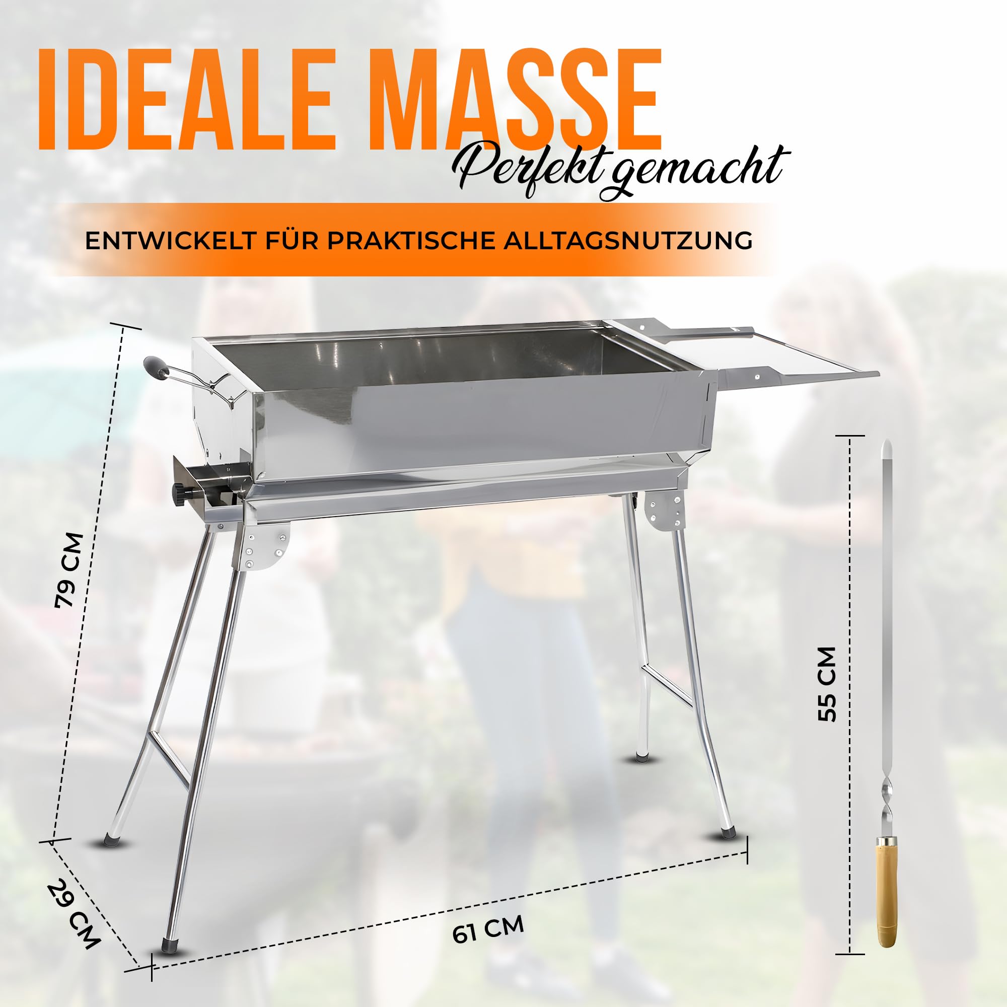 Mangal Holzkohlengrill Edelstahl – Tragbarer Klappgrill mit 14 Spießen, Grillrost, Ascheschublade & Ablagefläche | BBQ Grill für Garten, Terrasse & Camping
