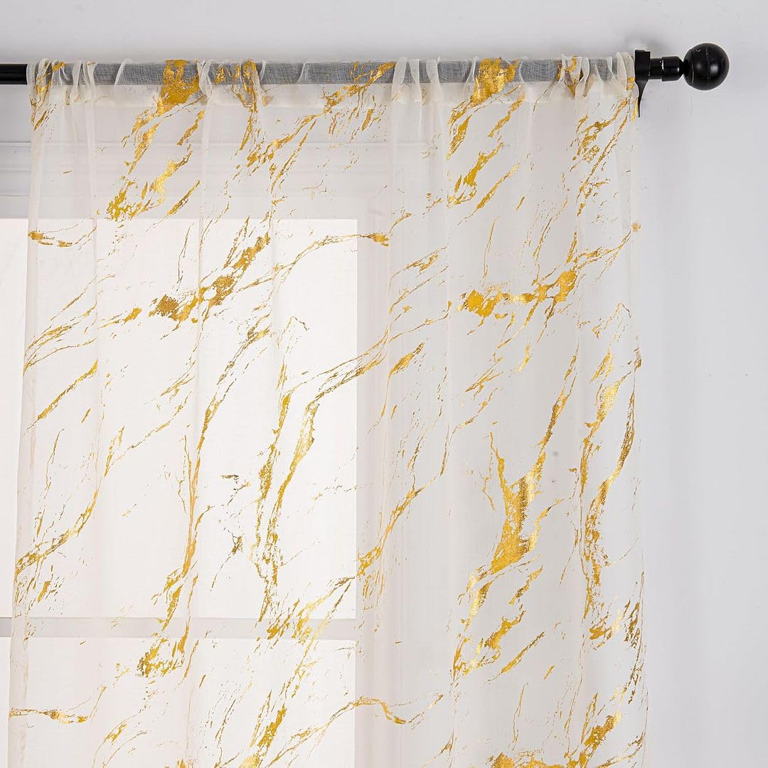 John Aird Gold Voile Curtains - Slot Top - Foil Printed Marble Design - White Linen Effect Voile (52" Wide X 81" Drop)