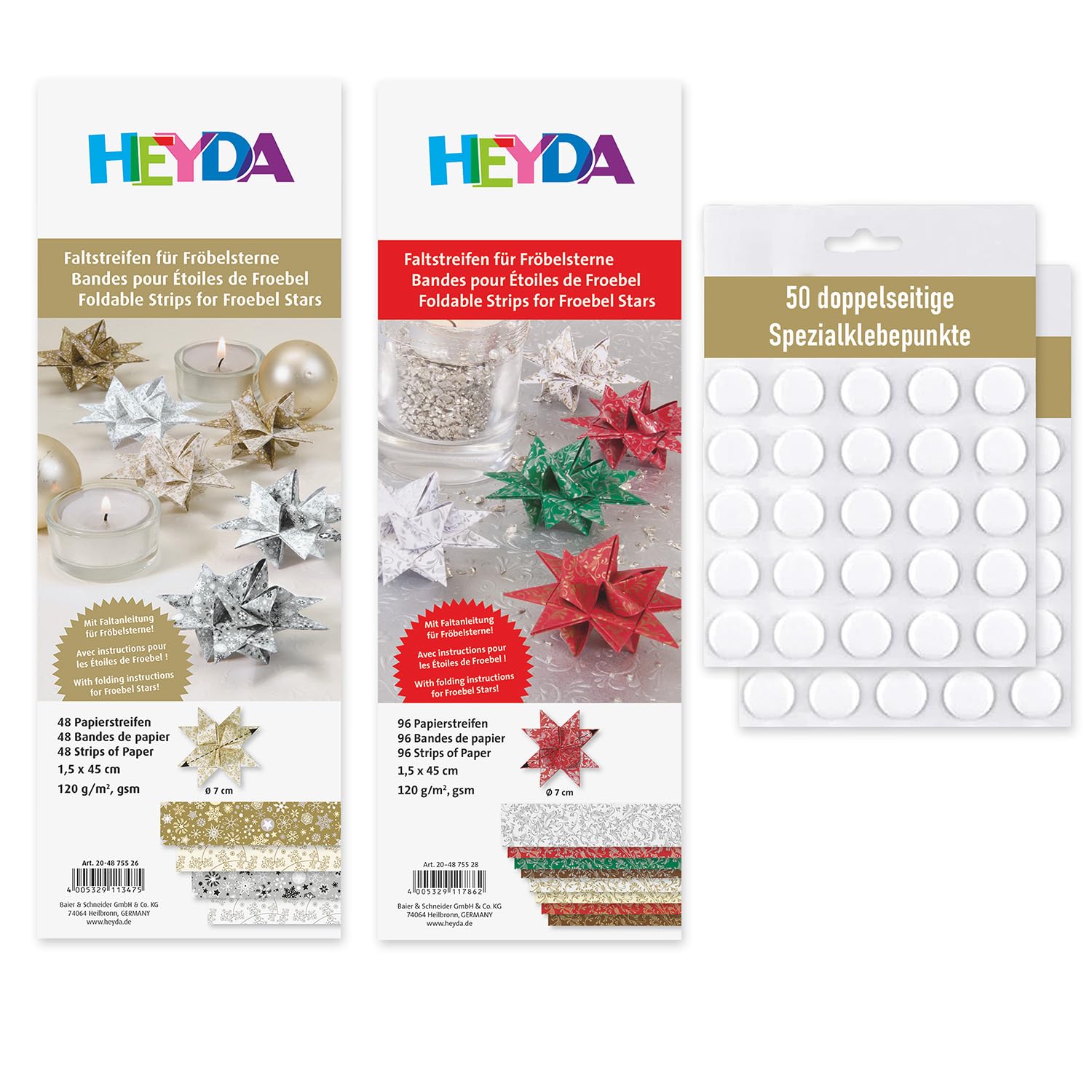 Heyda Faltstreifen für Fröbelsterne – 2er Set - bunt 96 Streifen 1,5x45cm + gold-silber 48 Streifen 1,5x45cm - für insgesamt 36 Sterne - inklusive 50 Klebepunkte
